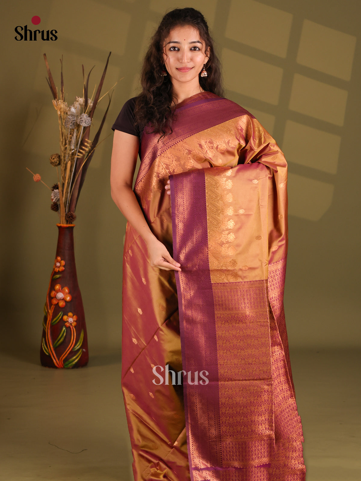 Dark Mustard & Purple - Semi Softsilk Saree - Shop on Shrus.com