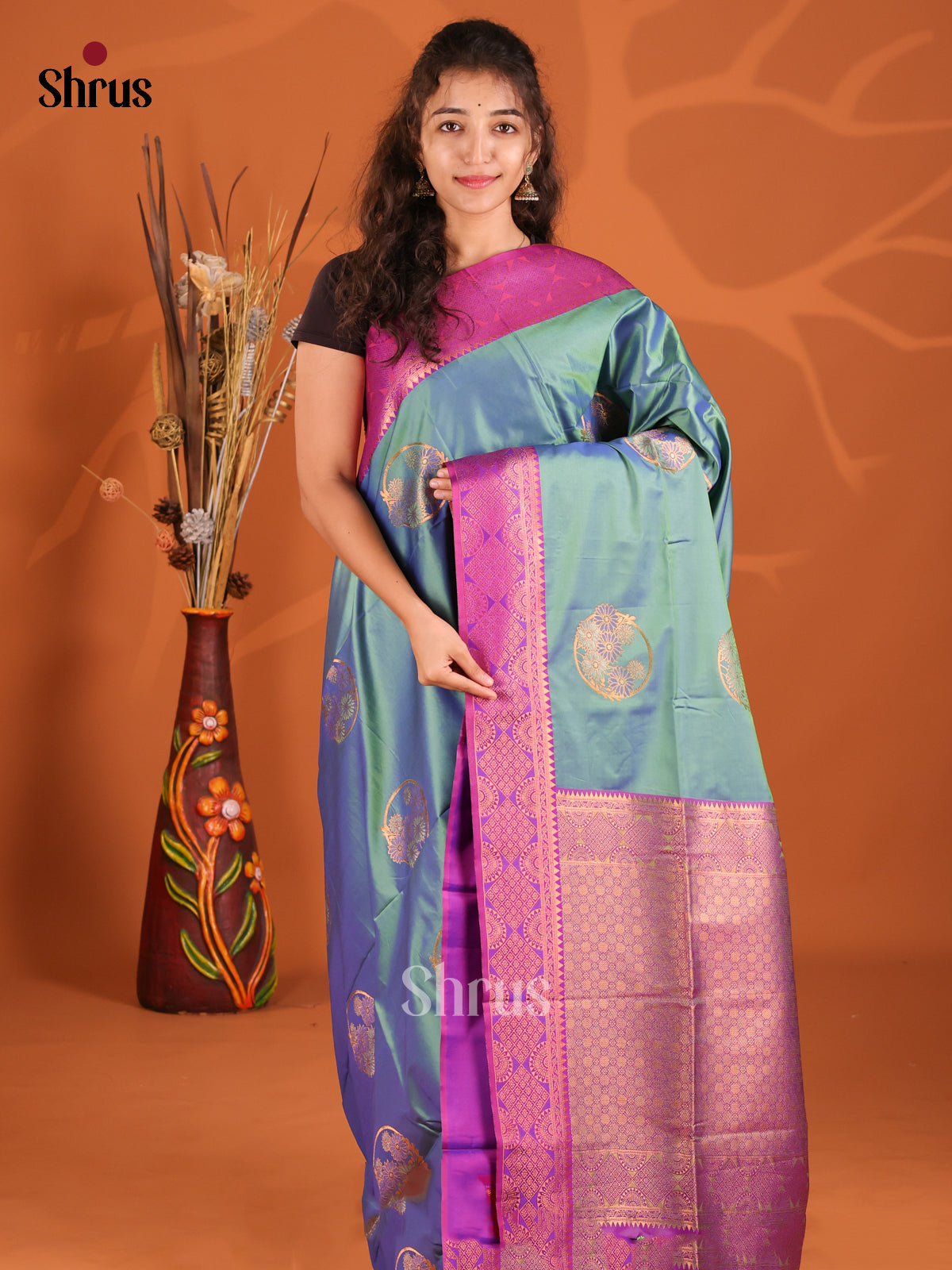 Blue & Purple - Semi Softsilk Saree - Shop on Shrus.com