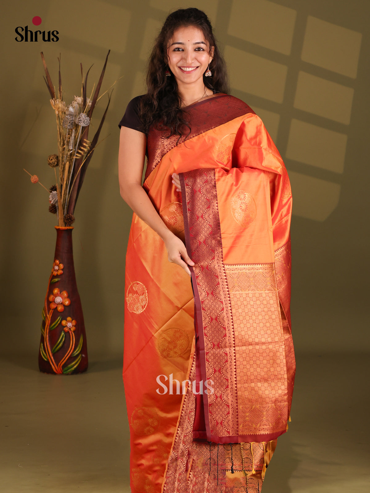 Orange & Maroon - Semi Softsilk Saree - Shop on Shrus.com