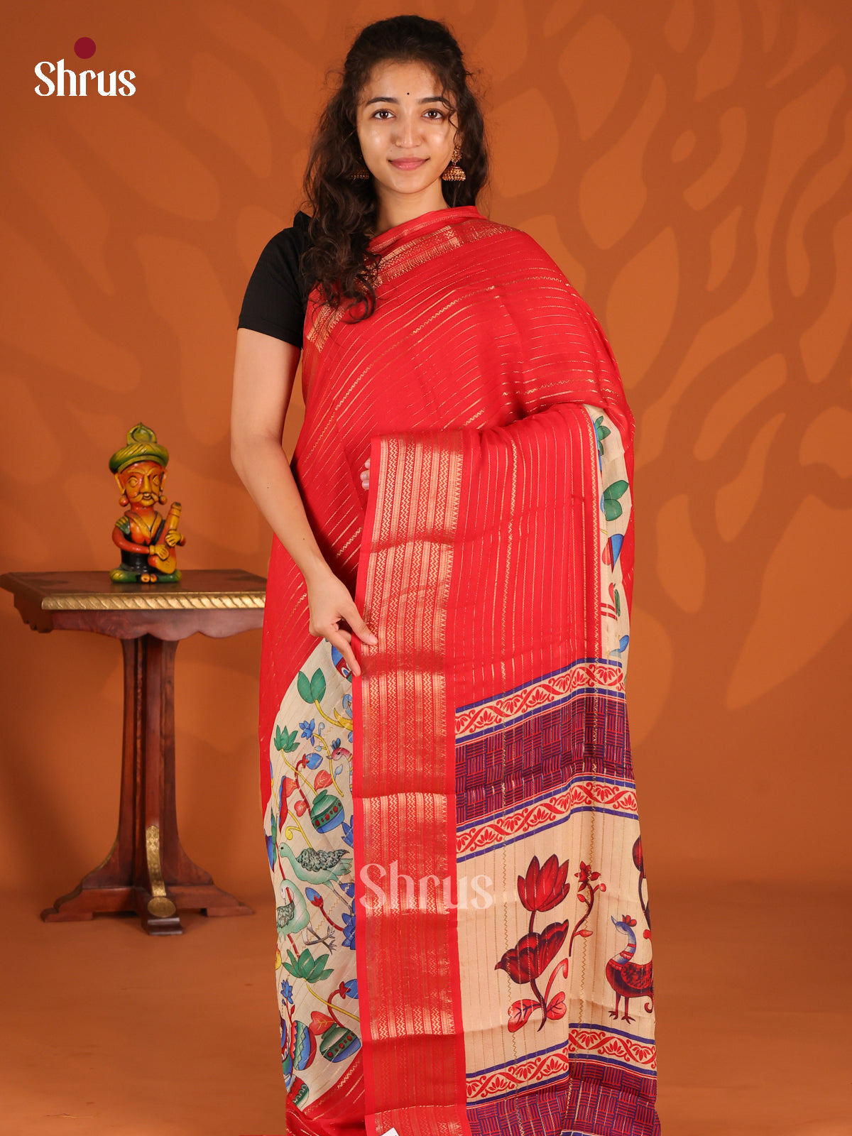 Red & Cream - Semi Mysoresilk Saree - Shop on Shrus.com