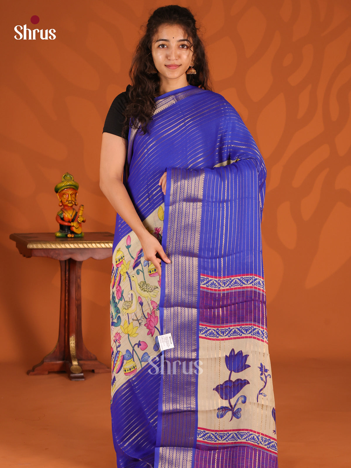 Blue & Cream - Semi Mysoresilk Saree - Shop on Shrus.com