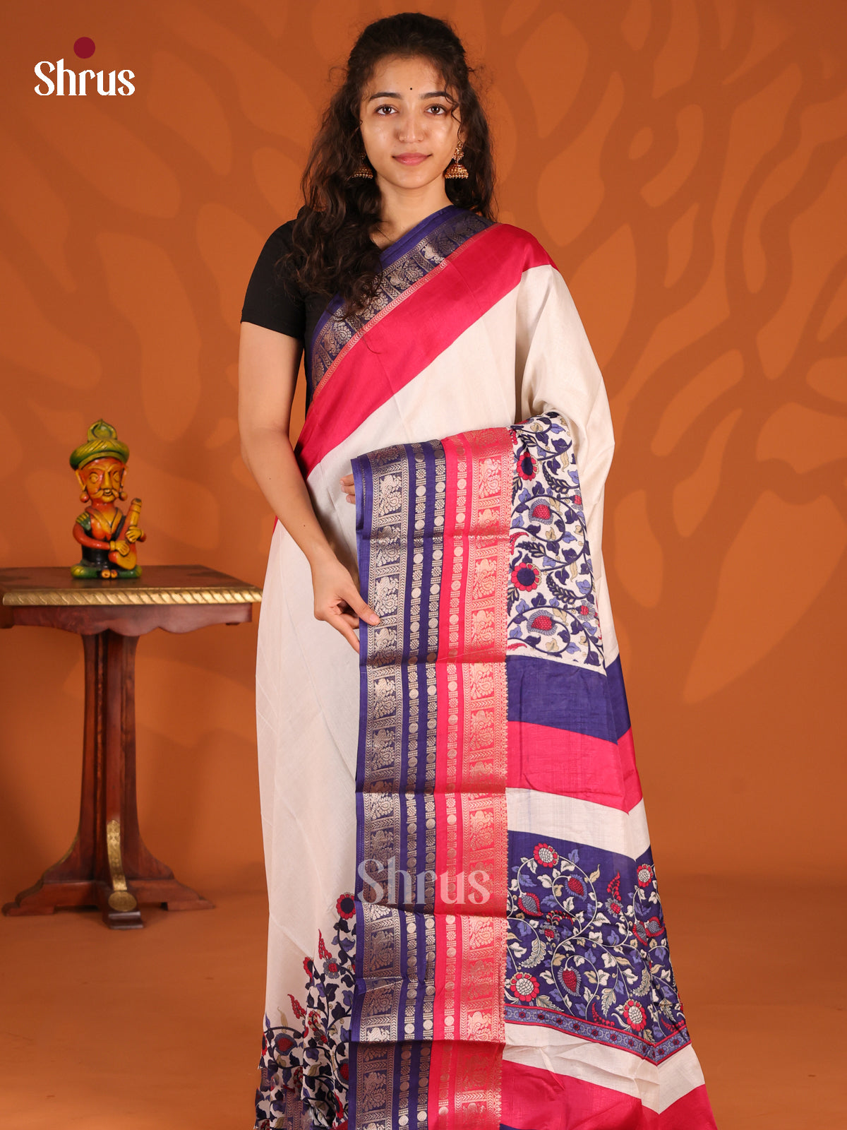 Cream & Blue - Semi Mysoresilk Saree - Shop on Shrus.com