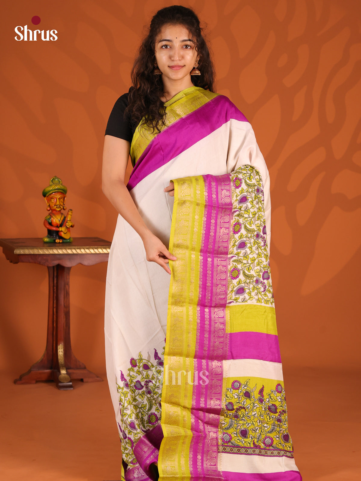 Cream & Green - Semi Mysoresilk Saree - Shop on Shrus.com