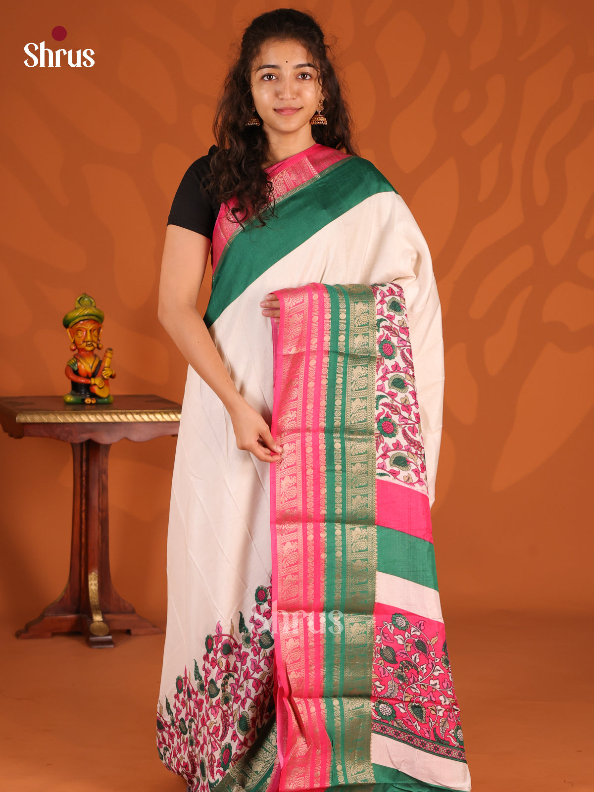 Cream & Pink- Semi Mysoresilk Saree - Shop on Shrus.com