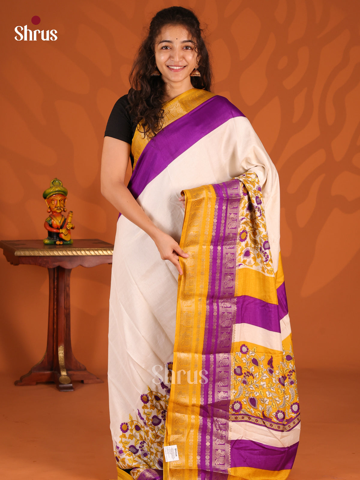 Cream & Mustard- Semi Mysoresilk Saree - Shop on Shrus.com
