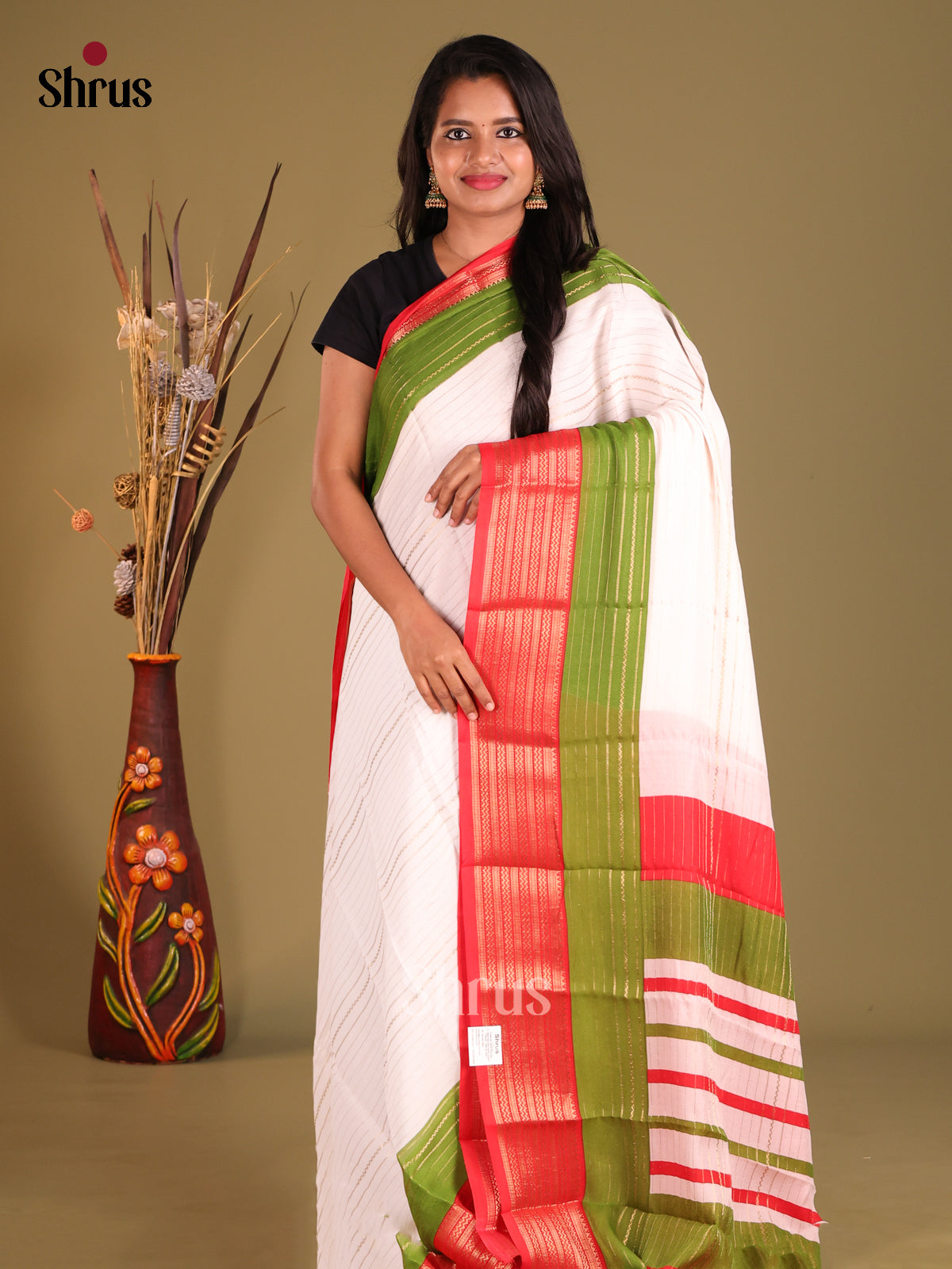 Cream & Red - Semi Mysoresilk Saree - Shop on Shrus.com