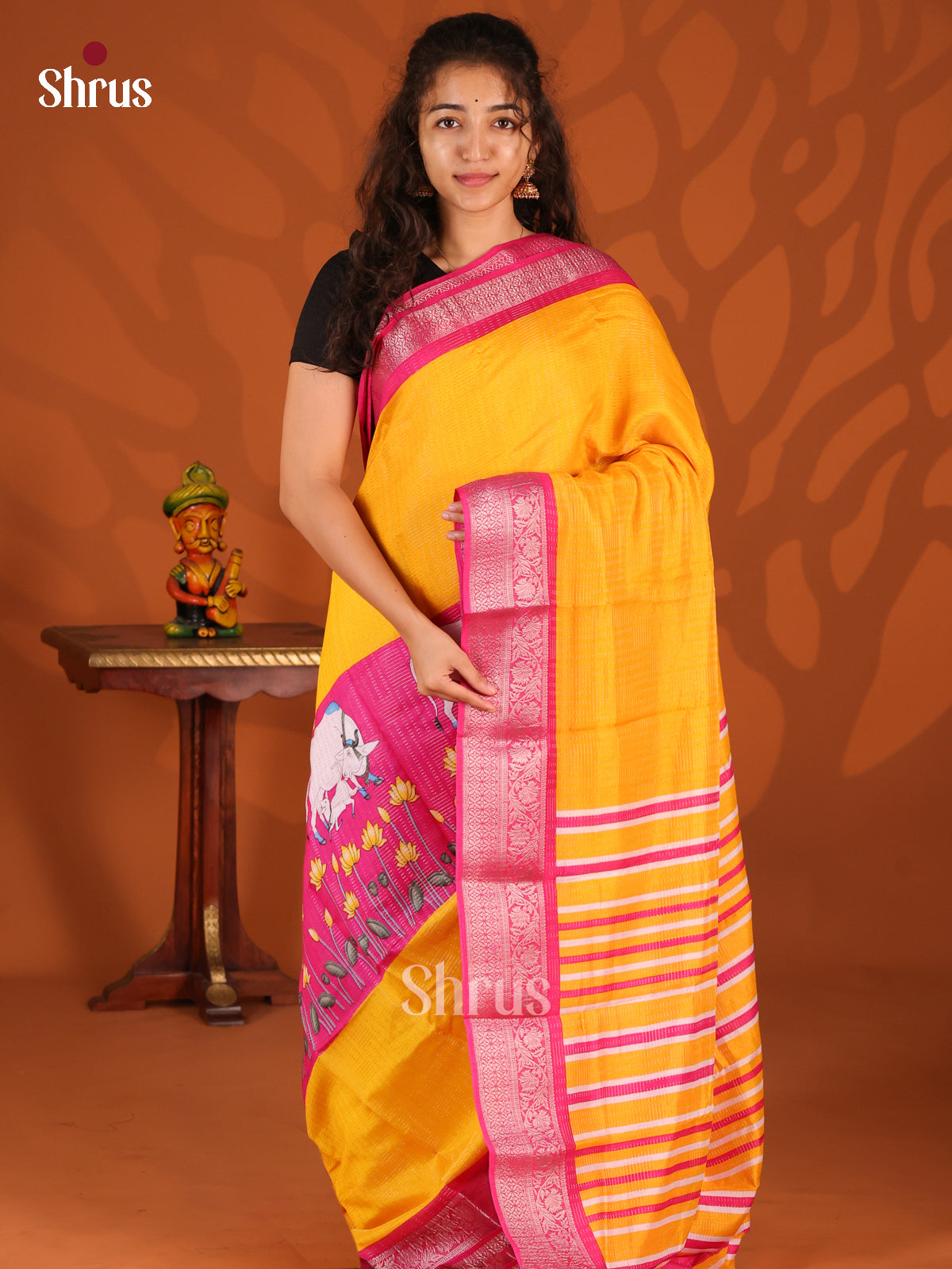 Mustard & Pink  - Semi Mysoresilk Saree - Shop on Shrus.com
