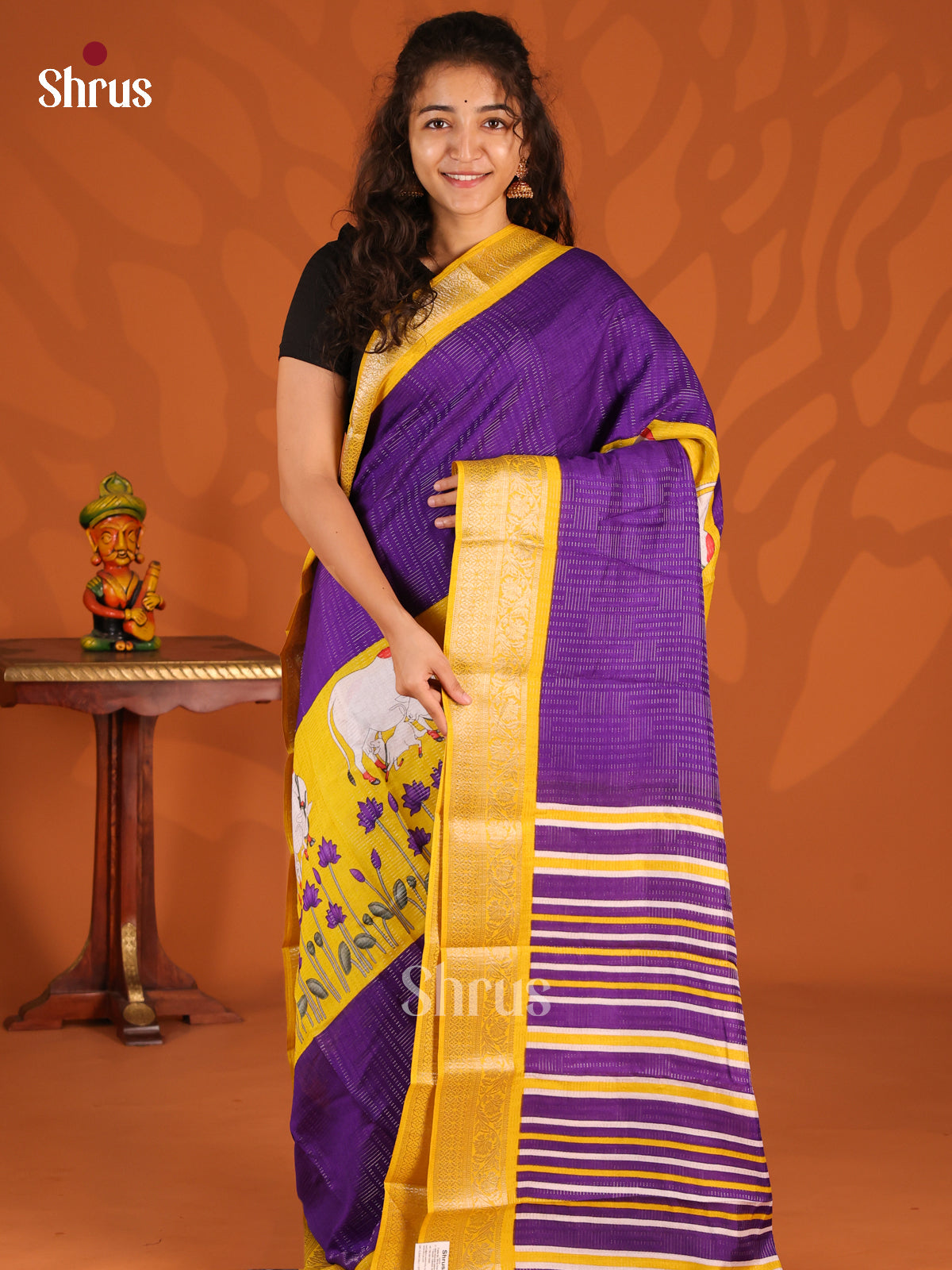 Violet & Yellow  - Semi Mysoresilk Saree - Shop on Shrus.com