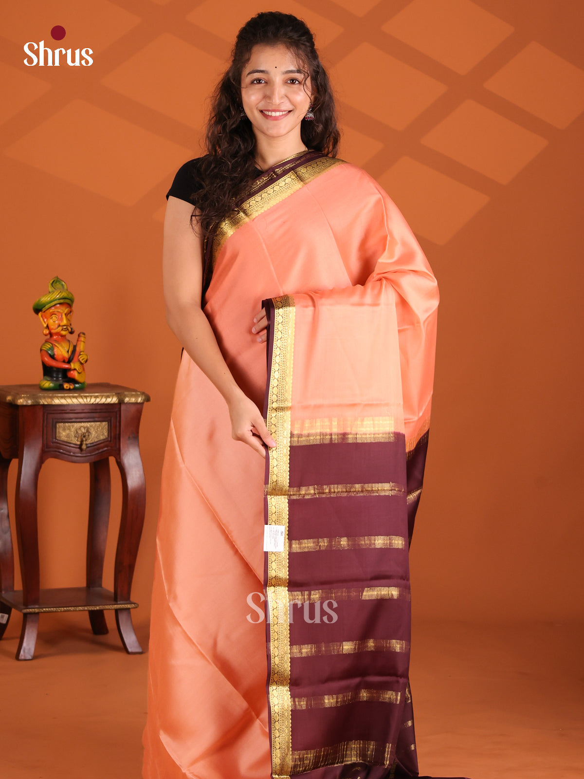 Peach & Brown  - Mysore Silk  Saree - Shop on Shrus.com