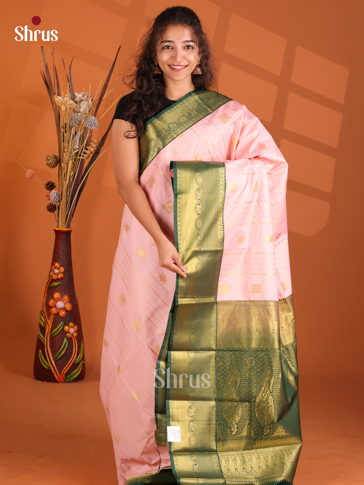 Pink & Green - Korvai Semi Kanchipuram Saree - Shop on Shrus.com
