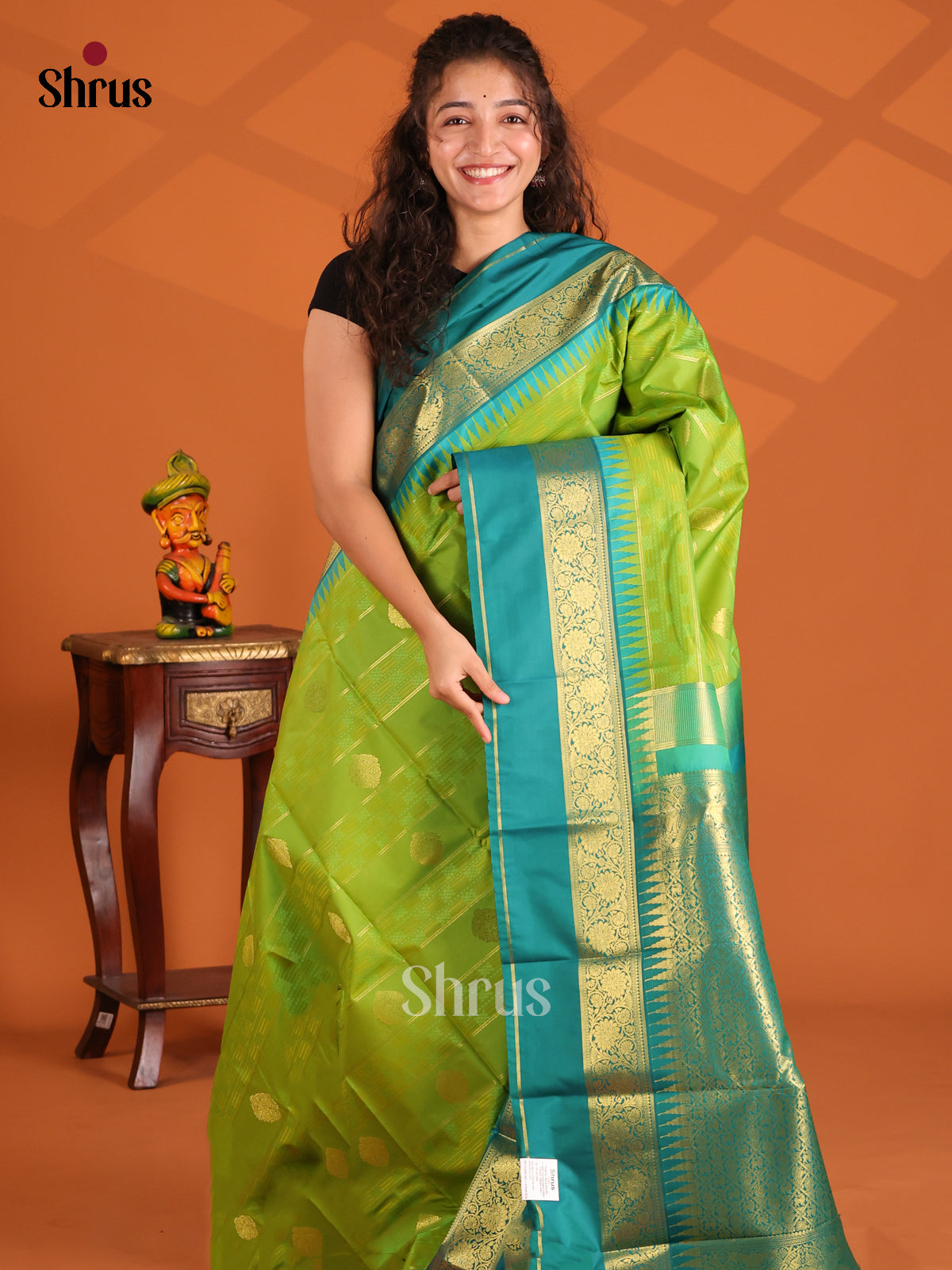 Parrot Green & Green - Korvai Semi Kanchipuram Saree - Shop on Shrus.com