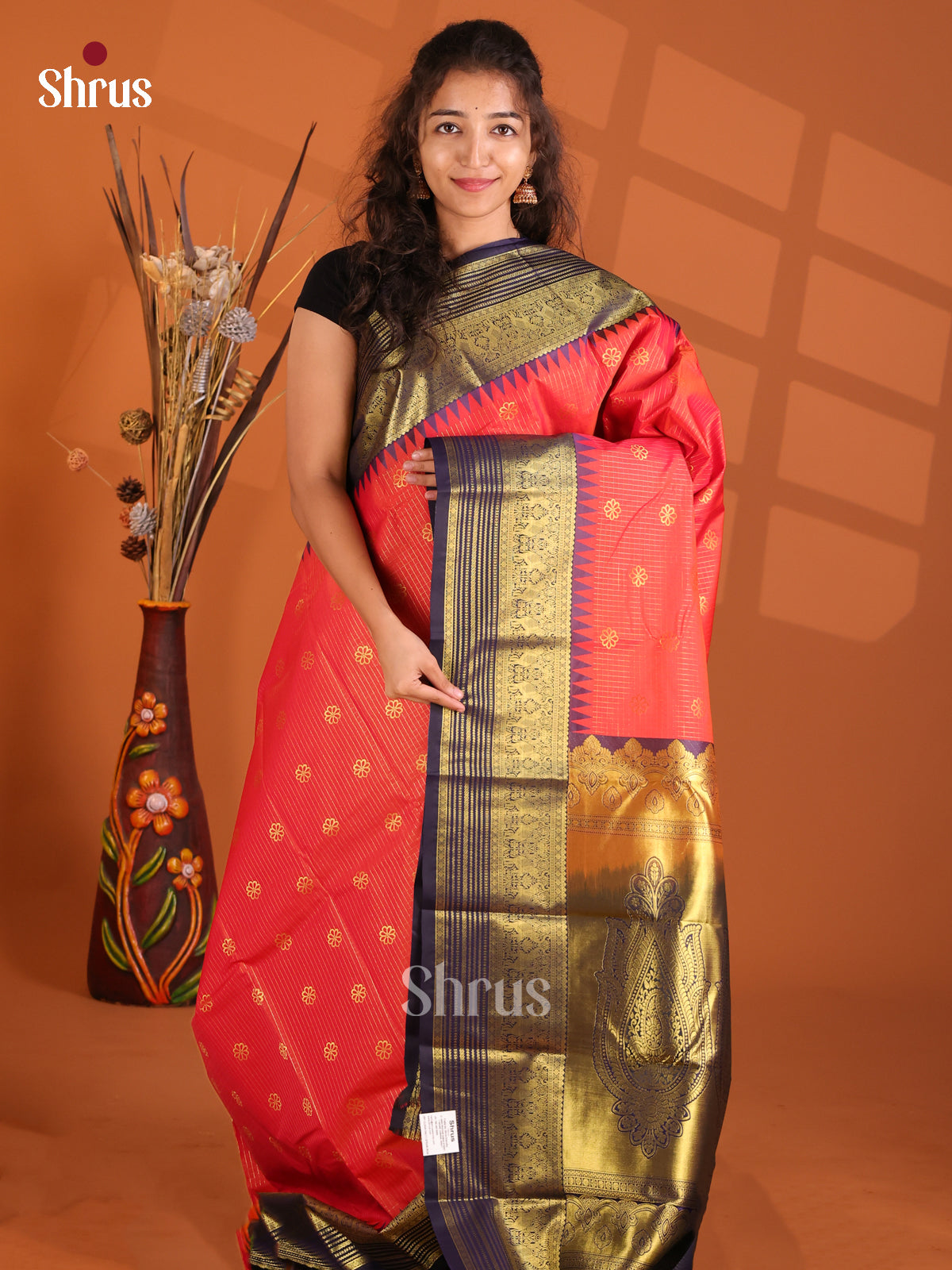 Orangish Pink & Blue - Korvai Semi Kanchipuram Saree - Shop on Shrus.com