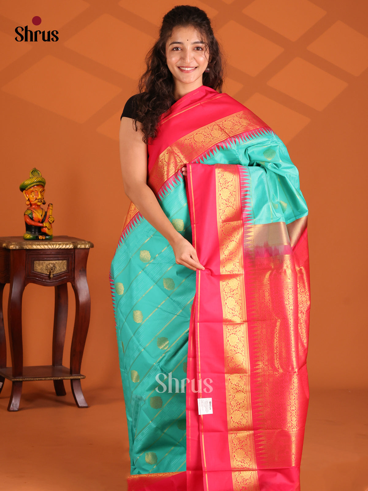 Teal & Orangish Pink - Korvai Semi Kanchipuram Saree - Shop on Shrus.com