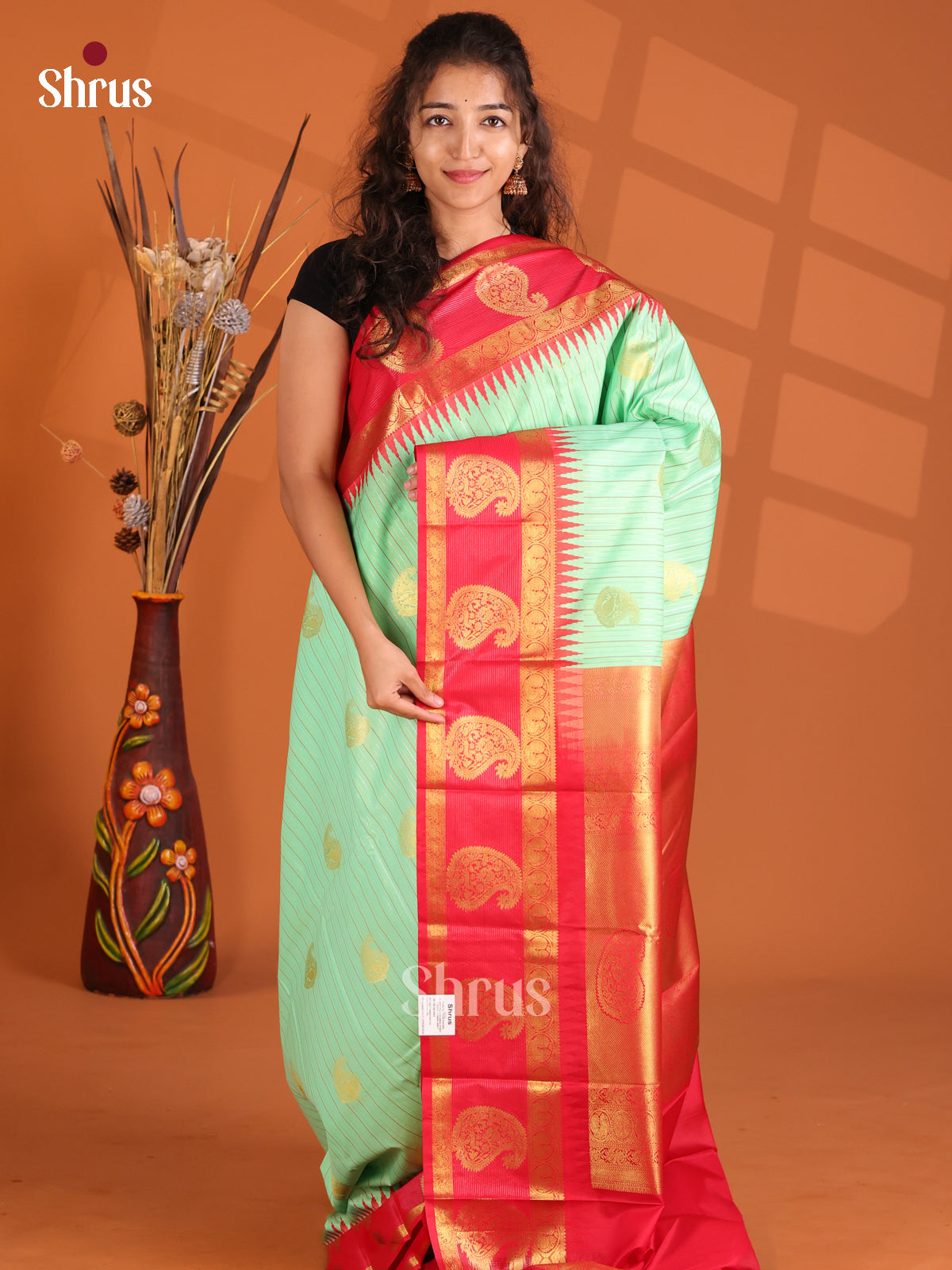 Pista Green & Red- Korvai Semi Kanchipuram Saree - Shop on Shrus.com