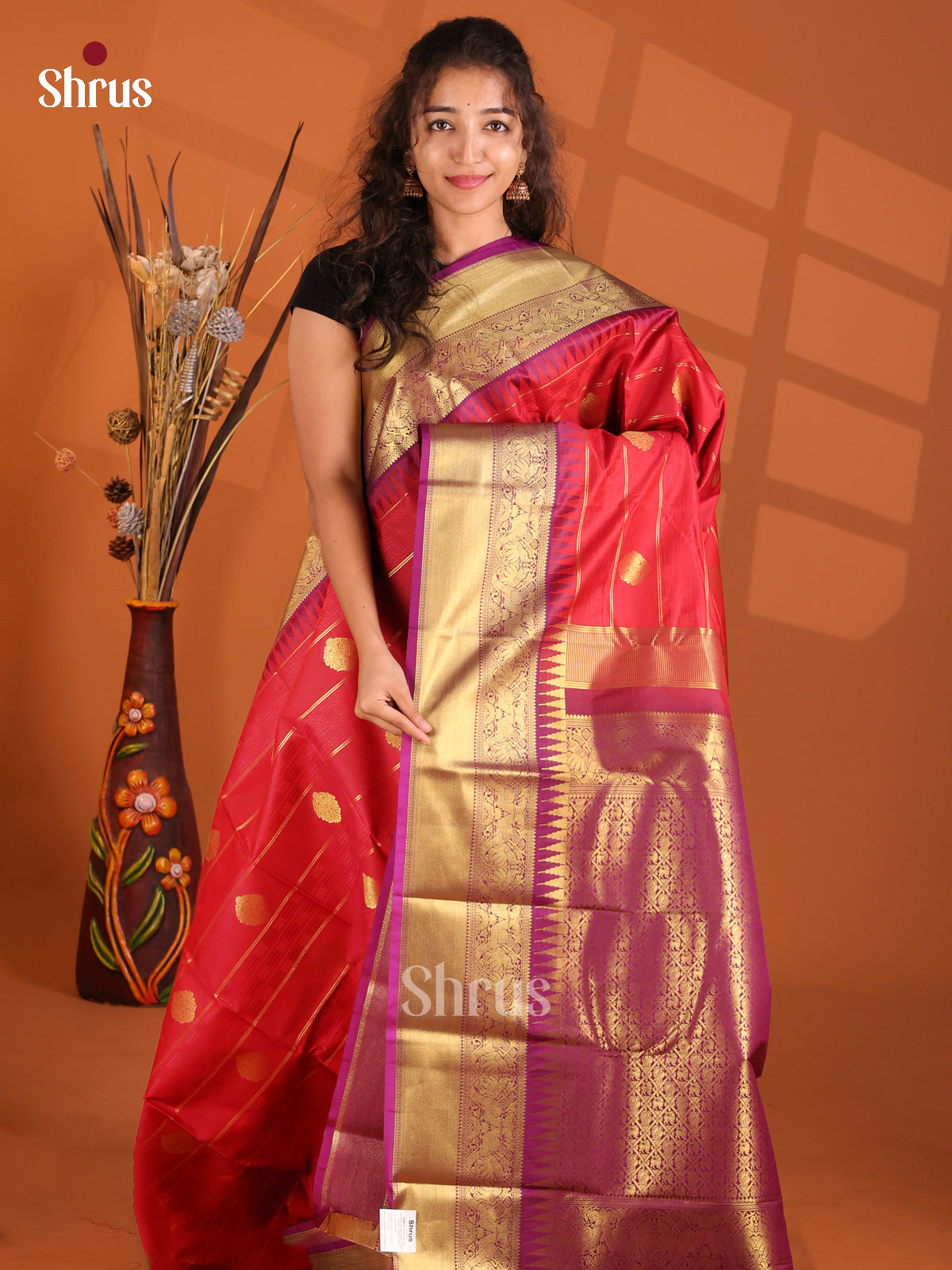 Red & Purple - Korvai Semi Kanchipuram Saree - Shop on Shrus.com