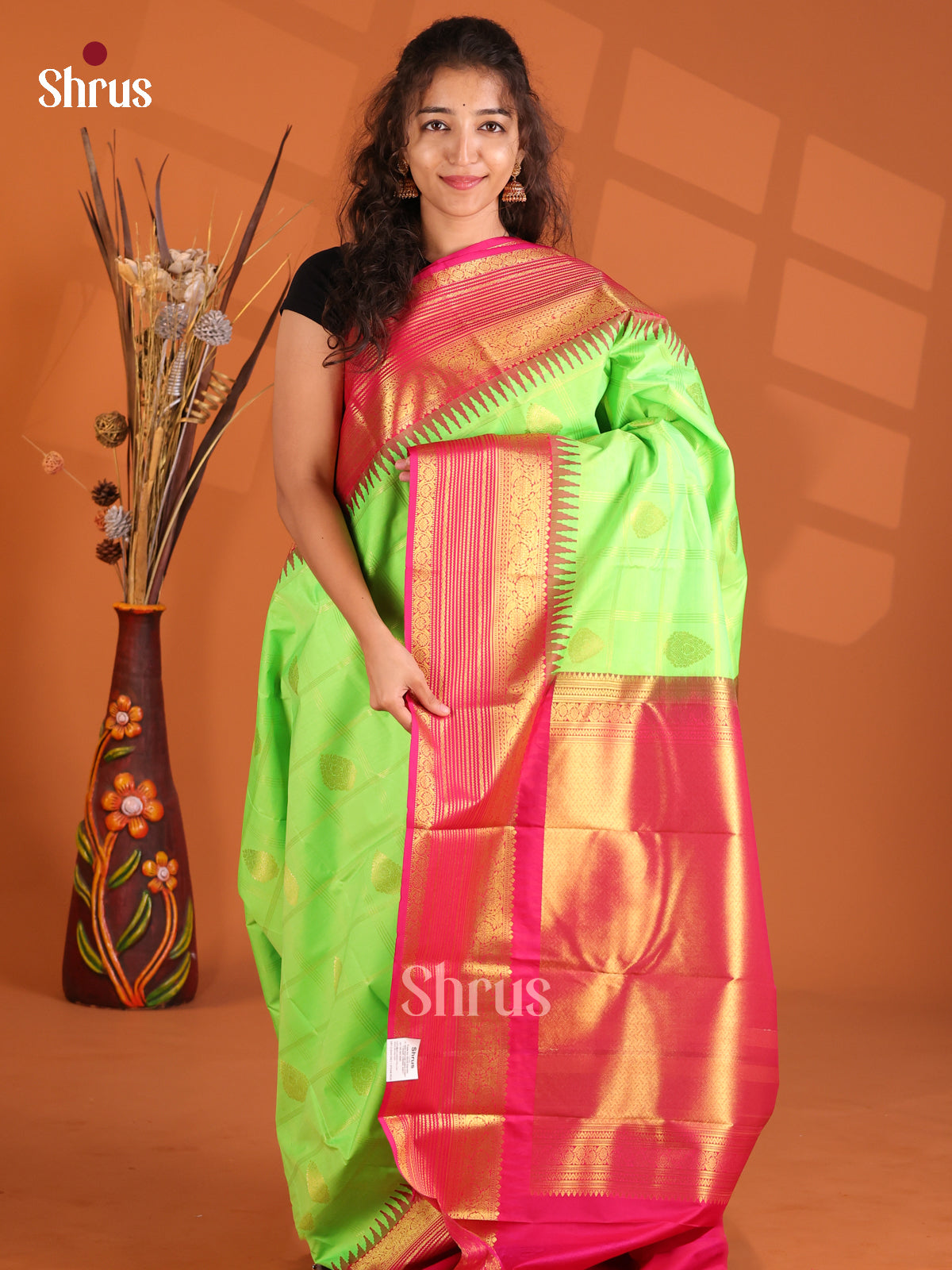Light Green & Pink - Korvai Semi Kanchipuram Saree - Shop on Shrus.com