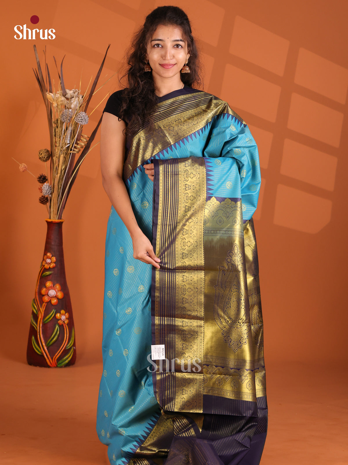 Sky Blue & Blue- Korvai Semi Kanchipuram Saree - Shop on Shrus.com