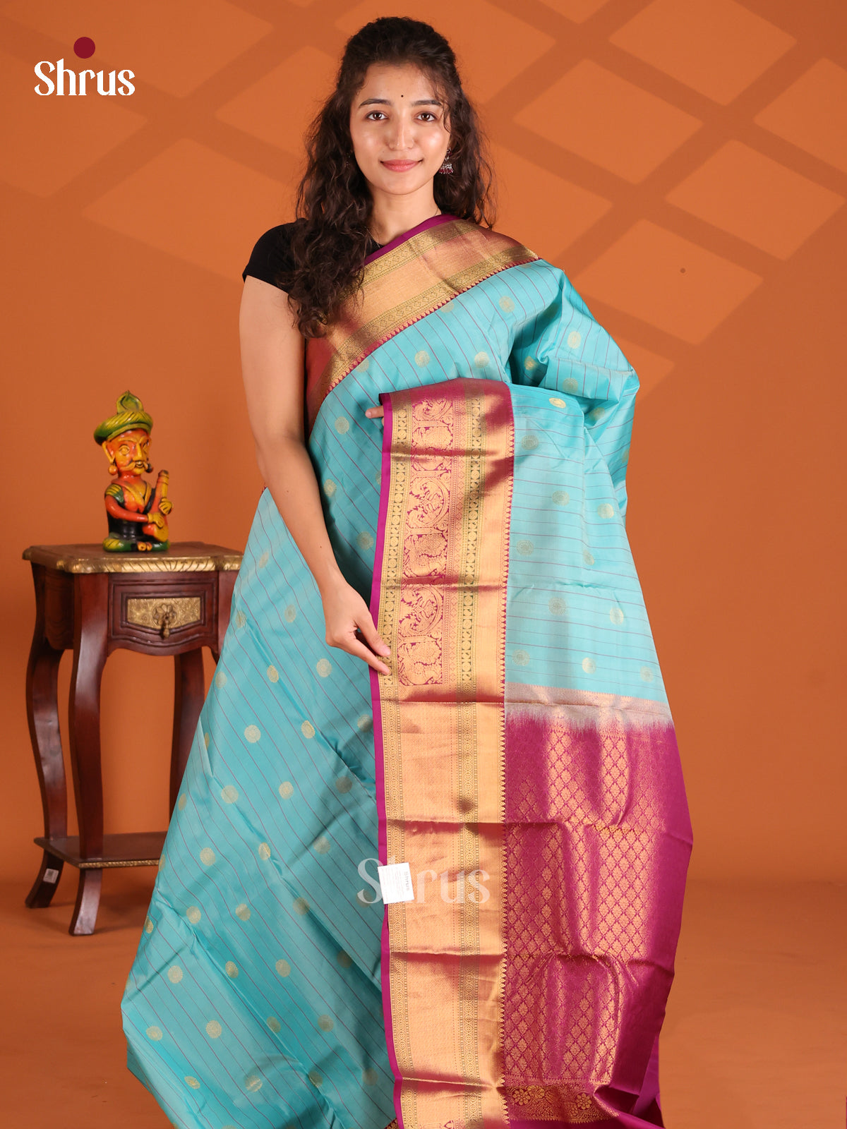 Sky Blue & Majenta- Kanchipuram-halfpure Saree - Shop on Shrus.com