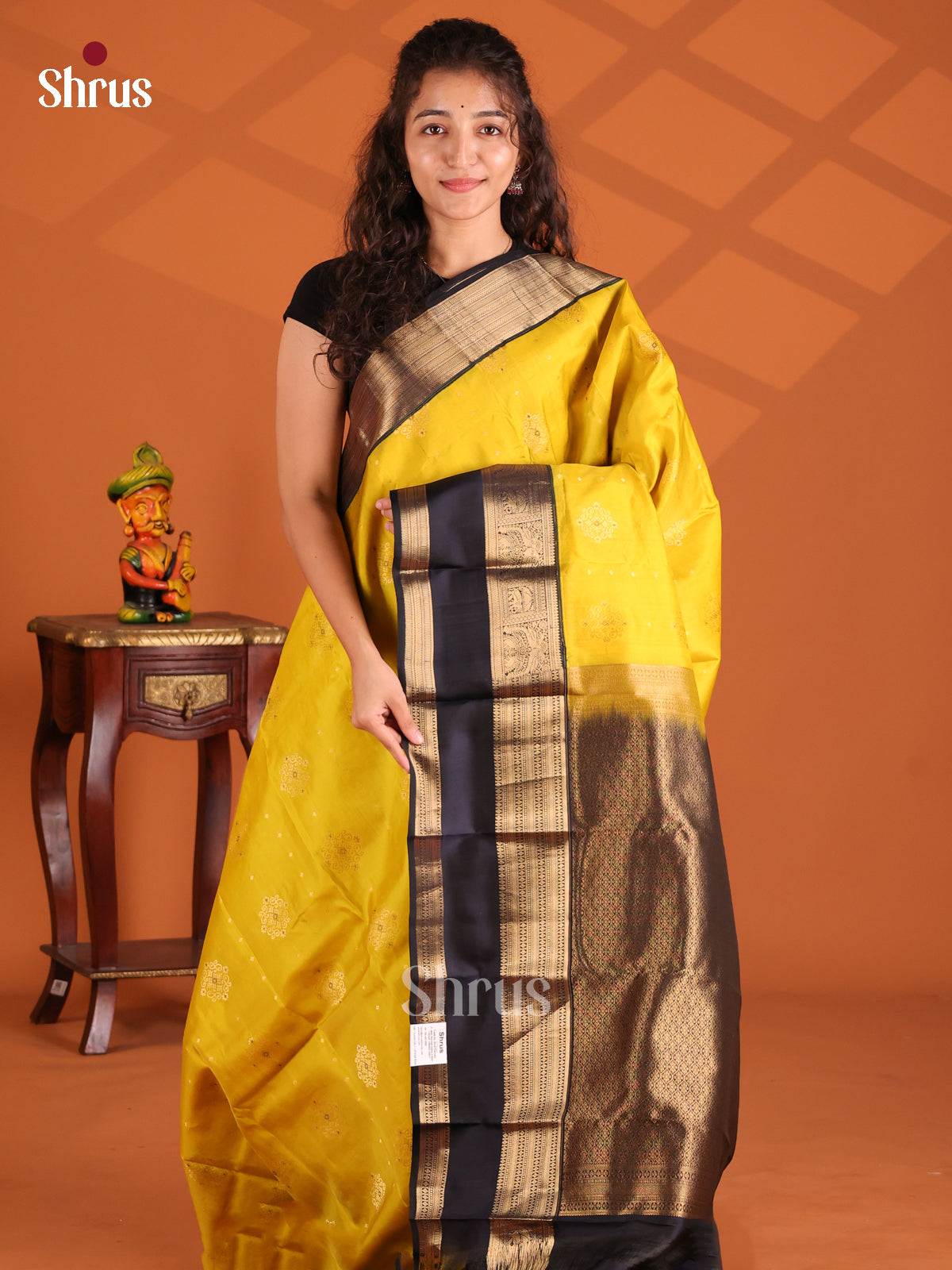 Yellow & Navy Blue- Kanchipuram-halfpure Saree - Shop on Shrus.com