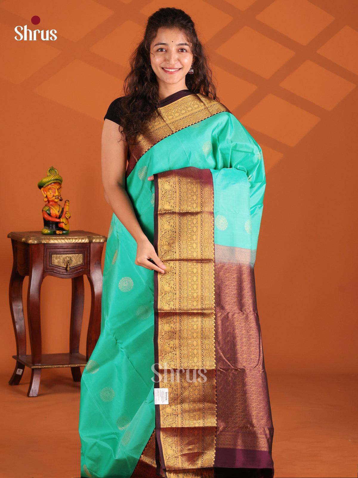 Teal Green & Purple - Kanchipuram-halfpure Saree