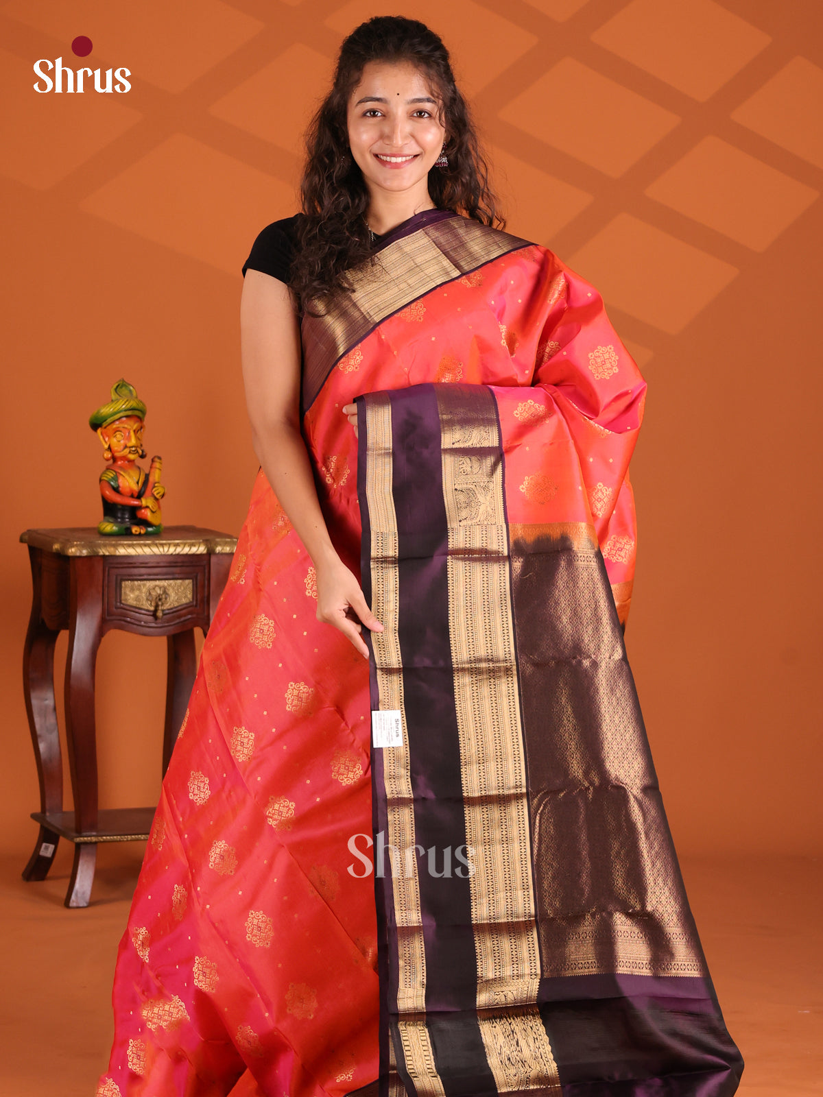 orangish Pink & Violet - Kanchipuram-halfpure Saree - Shop on Shrus.com