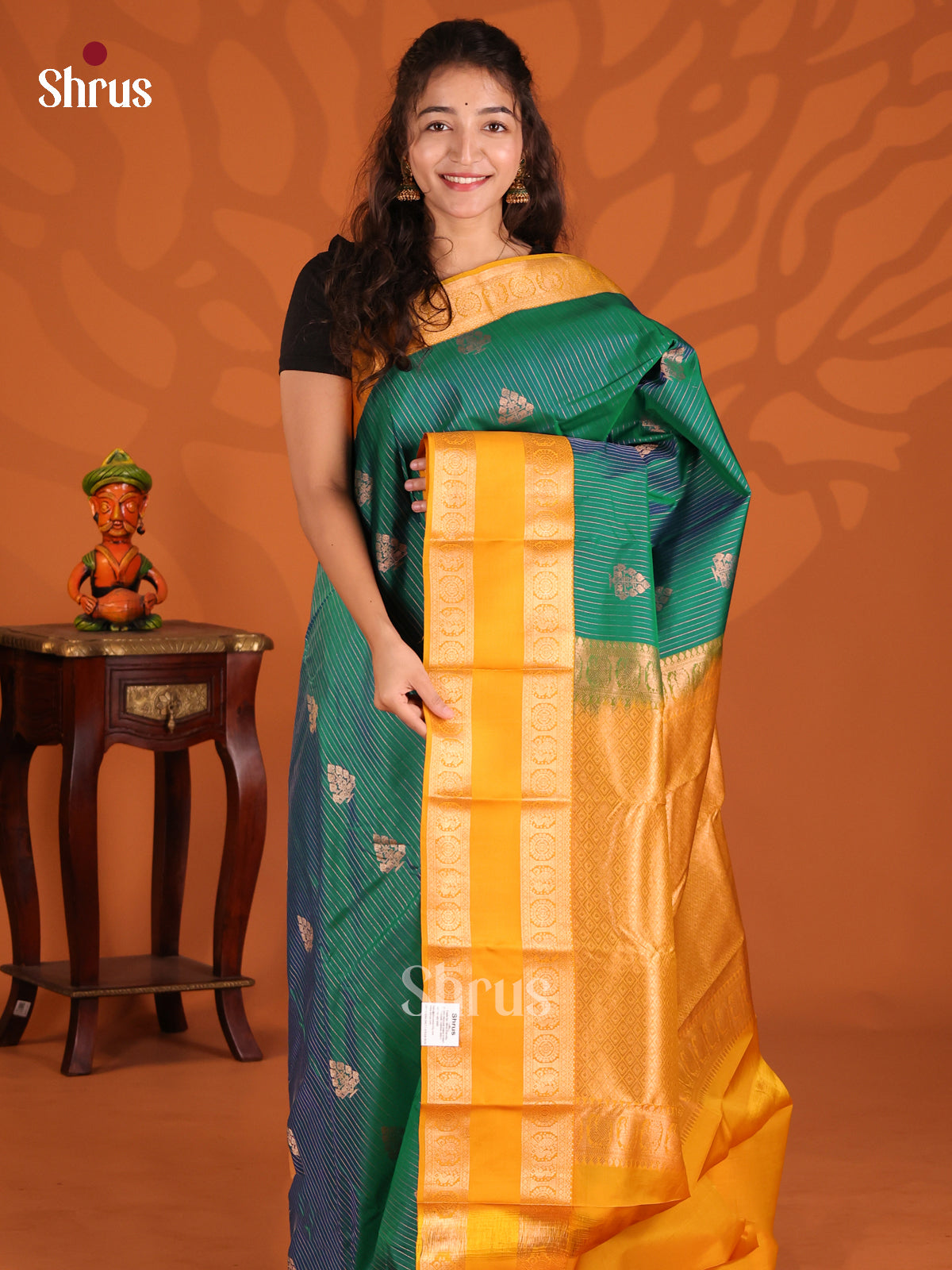 Green & Mustard- Kanchipuram-halfpure Saree - Shop on Shrus.com