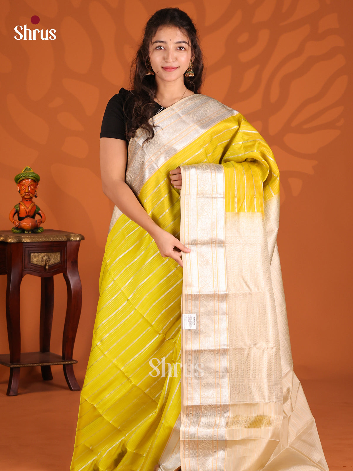 Mustardy Green & Cream- Kanchipuram-halfpure Saree - Shop on Shrus.com