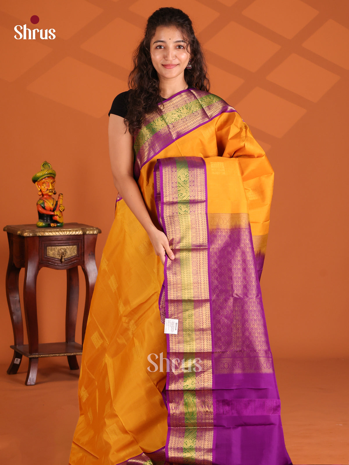 Mustard & Purple - Kanchipuram-halfpure Saree - Shop on Shrus.com