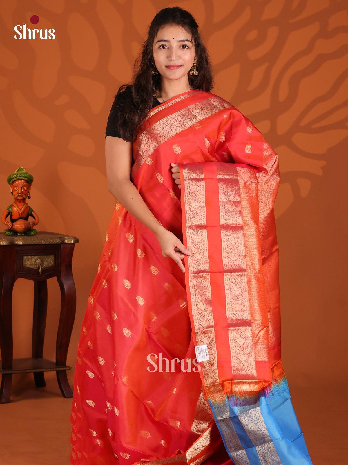 Orange & Blue - Kanchipuram-halfpure Saree - Shop on Shrus.com