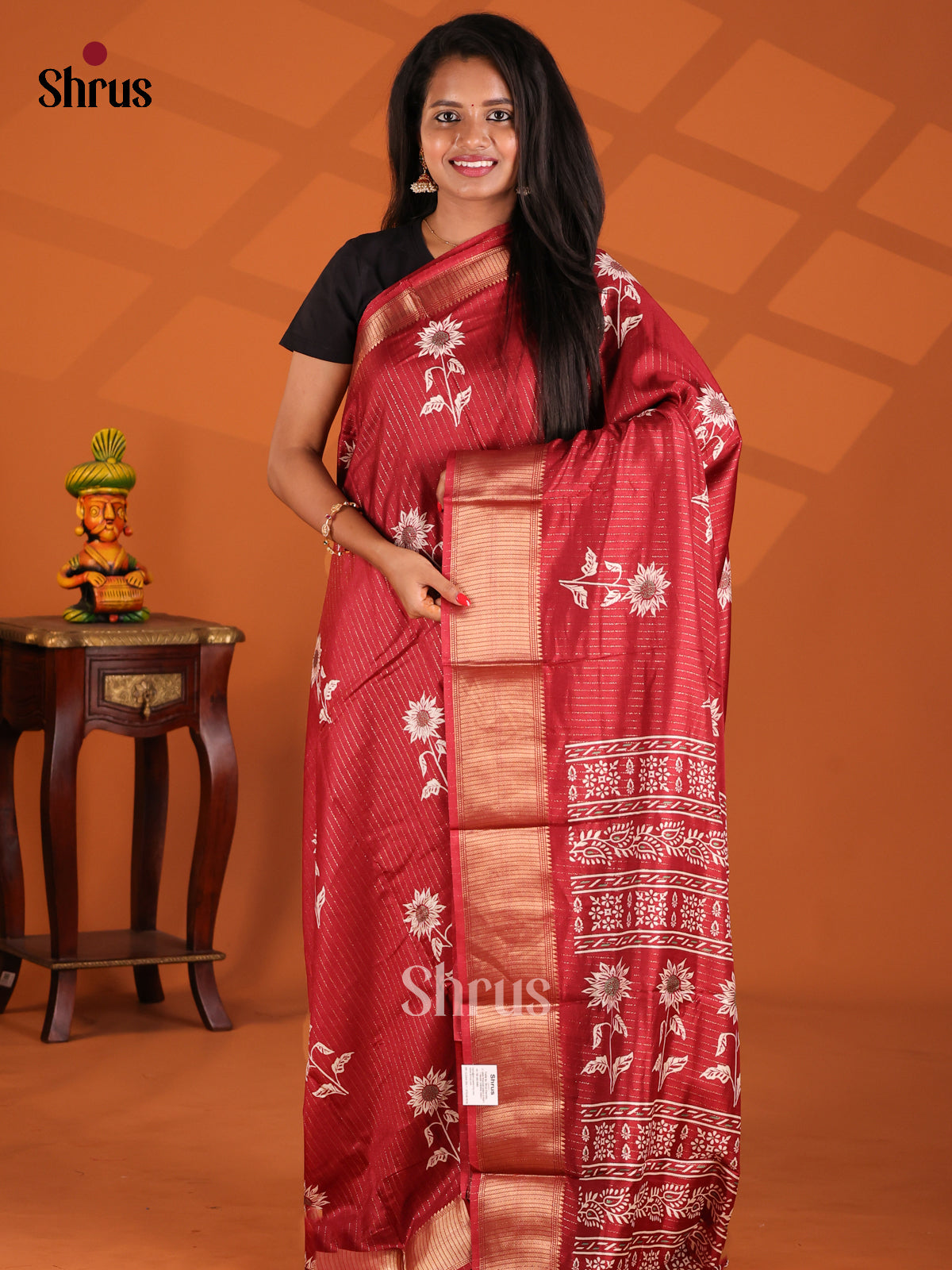 Red - Semi Crepe Saree - Shop on Shrus.com