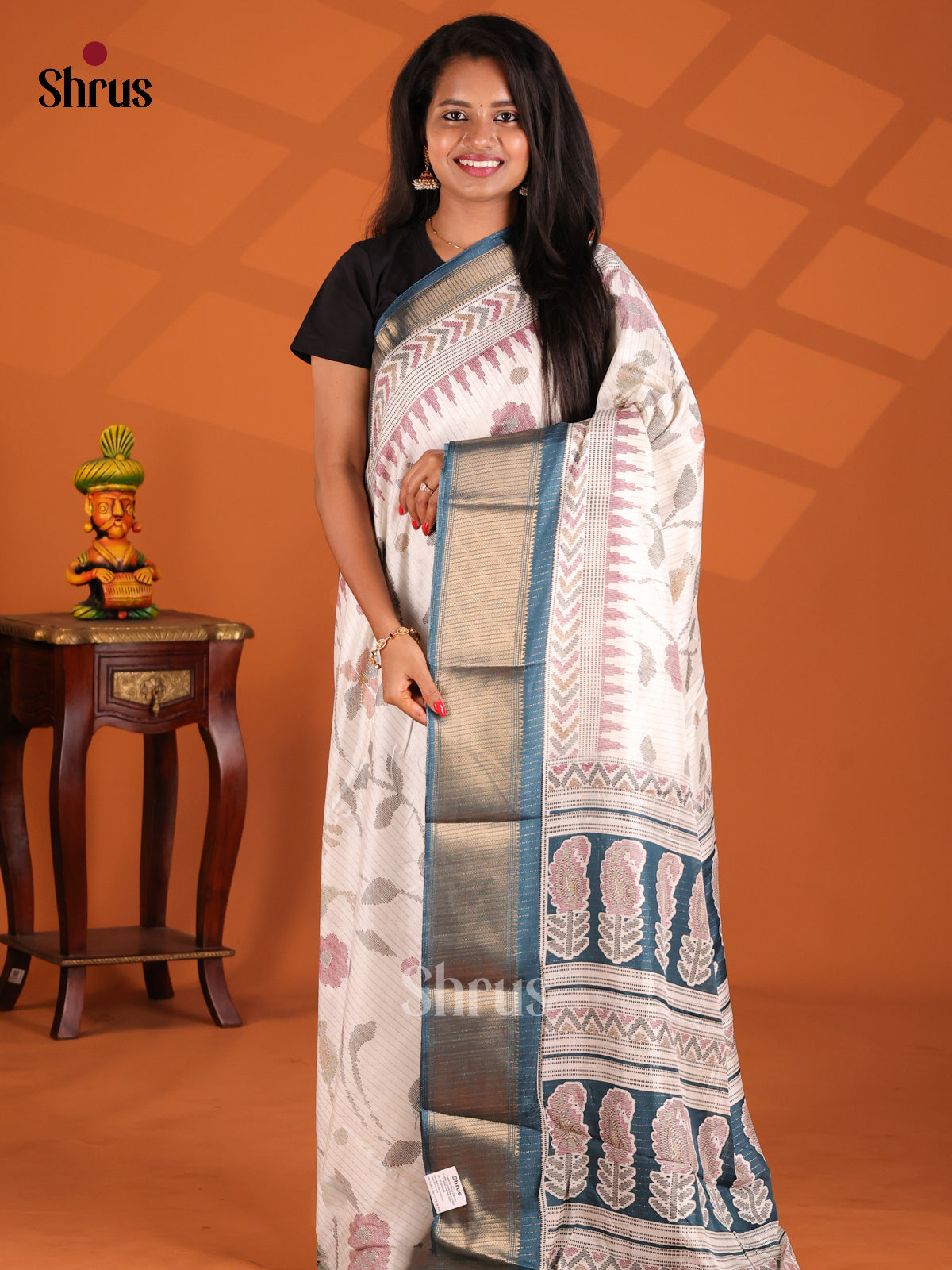 Cream & Blue - Semi Crepe Saree