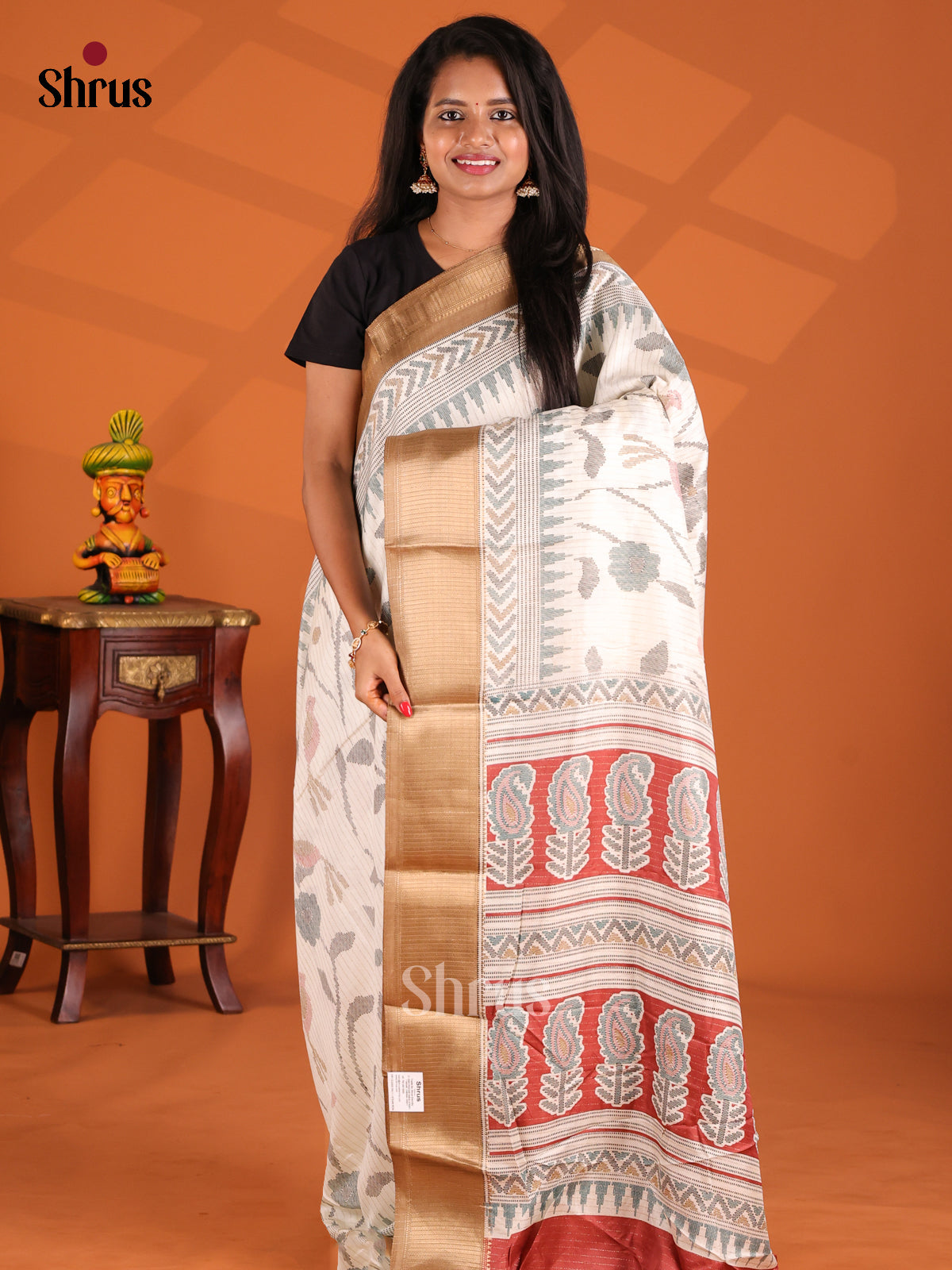Cream & Beige - Semi Crepe Saree