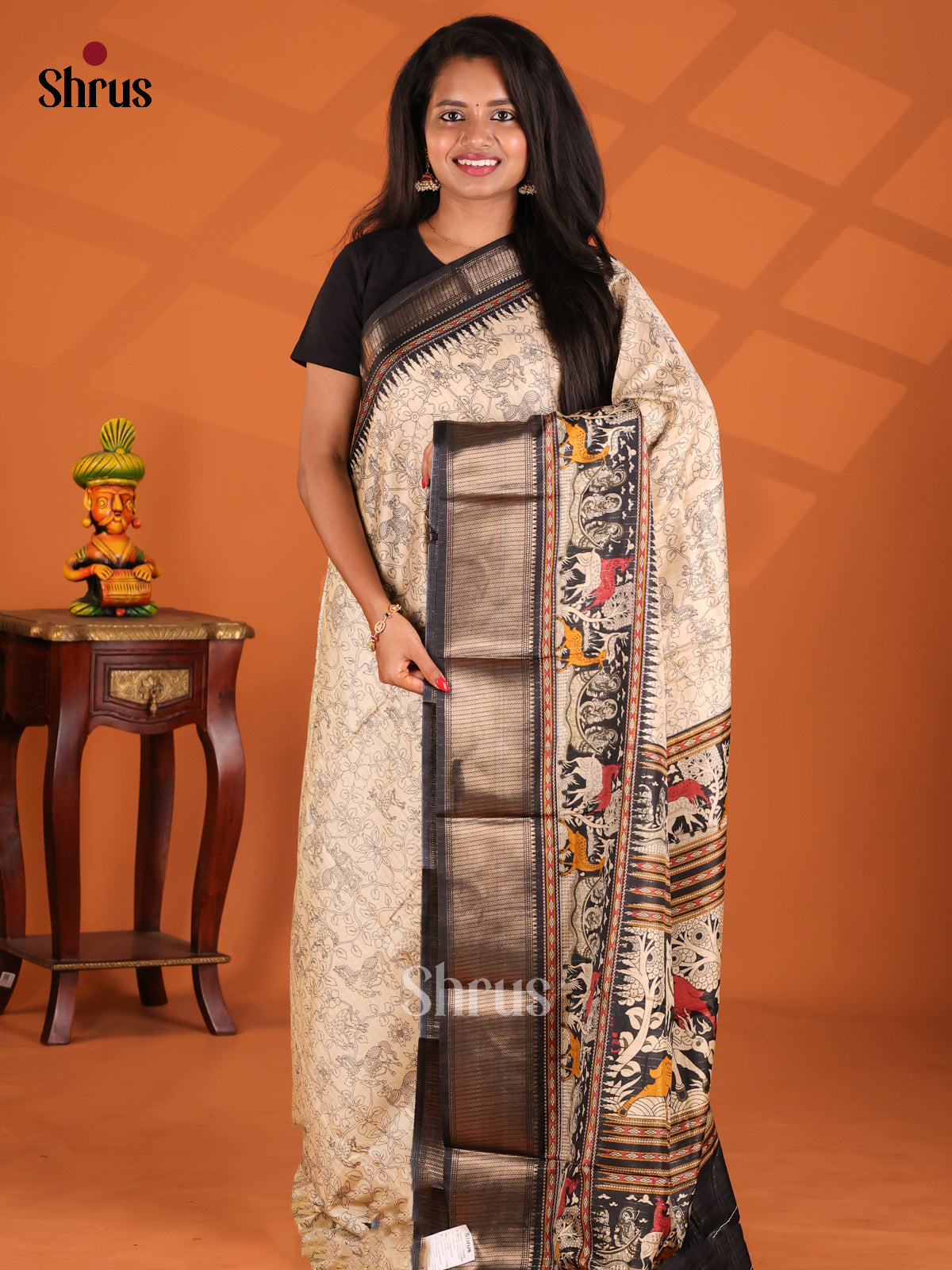 Cream & Black - Semi Crepe Saree