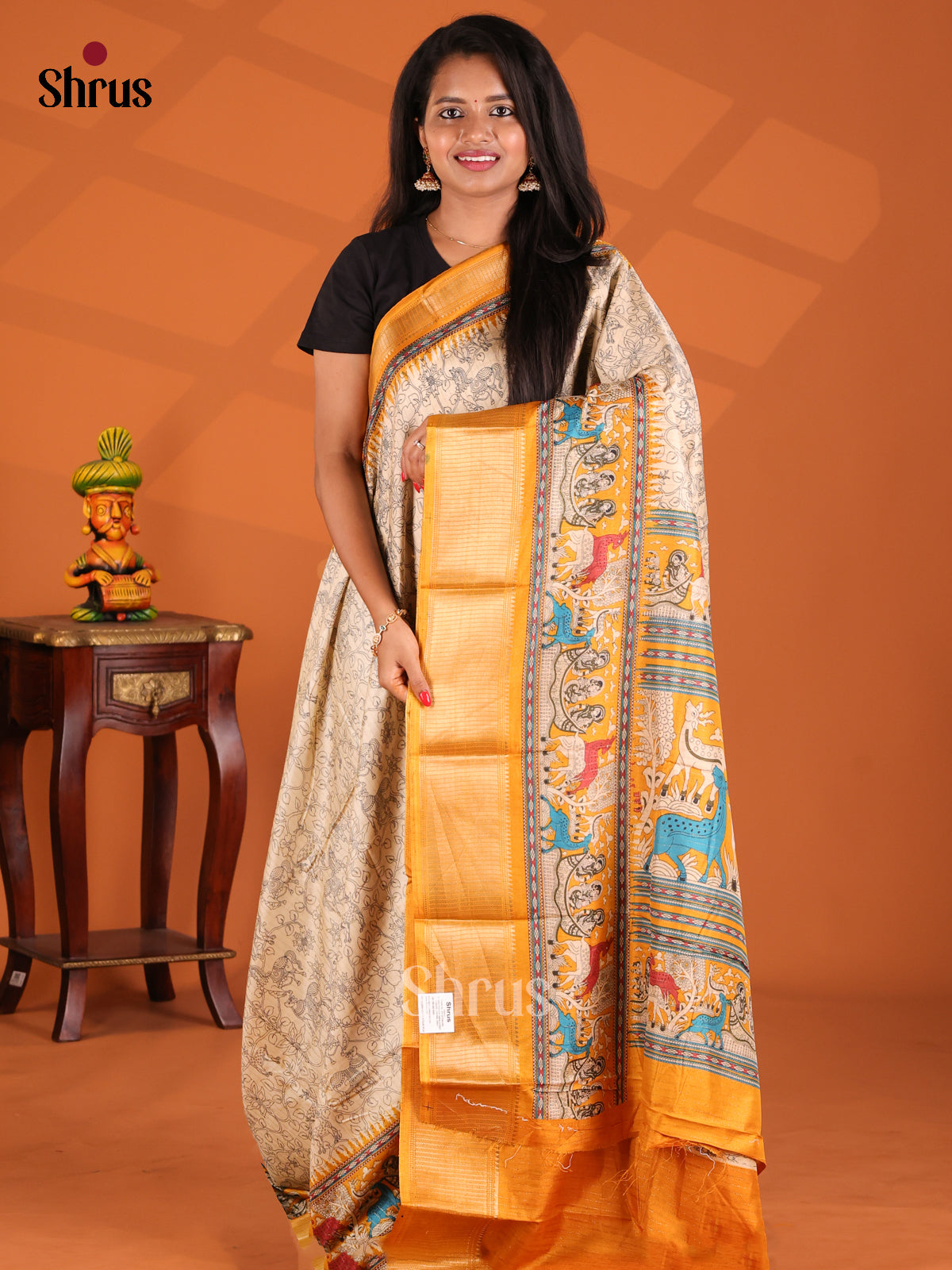 Cream & Mustard - Semi Crepe Saree