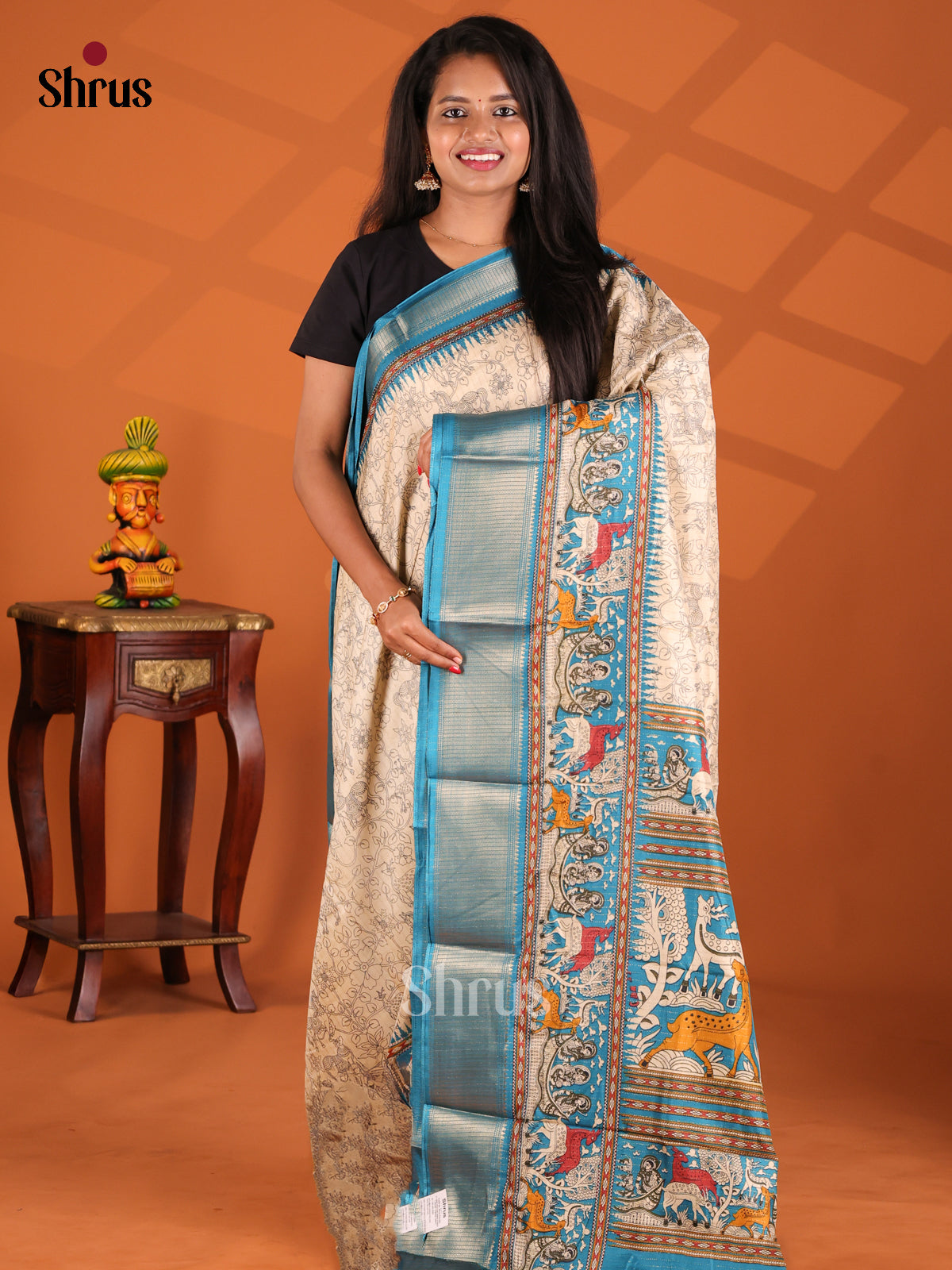 Cream & Blue- Semi Crepe Saree