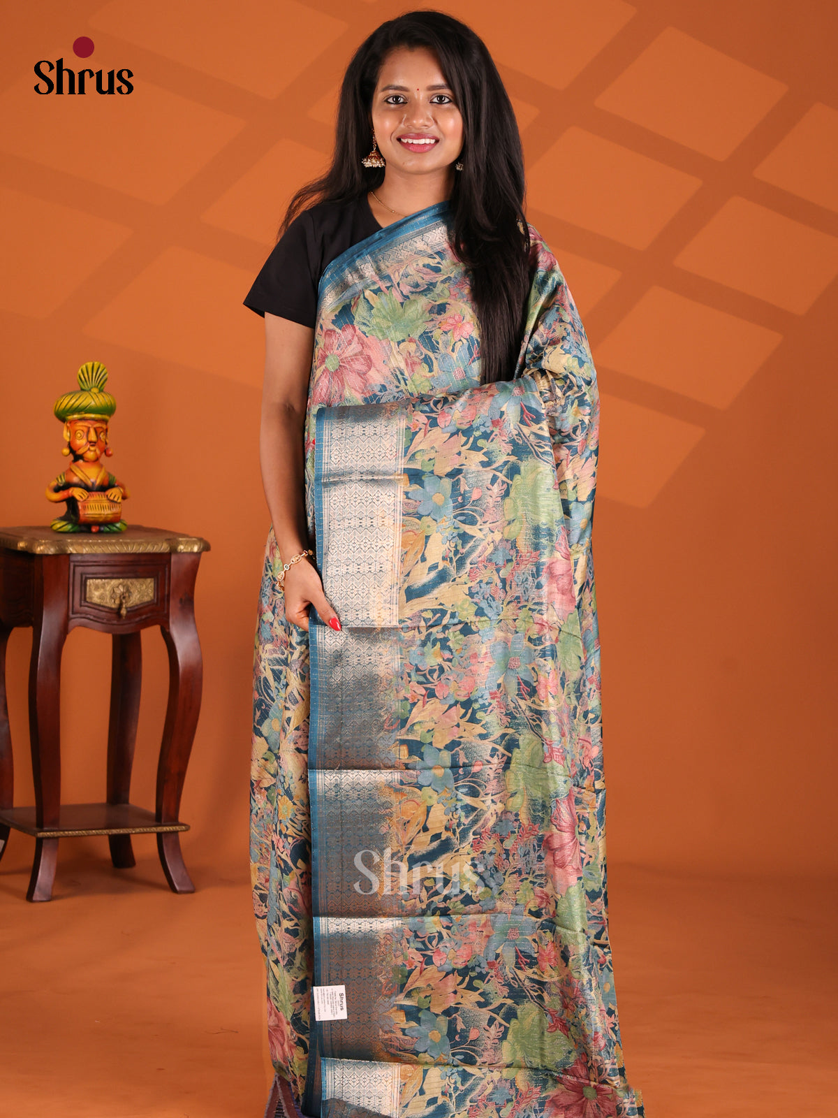 Blue & Pink - Semi Crepe Saree