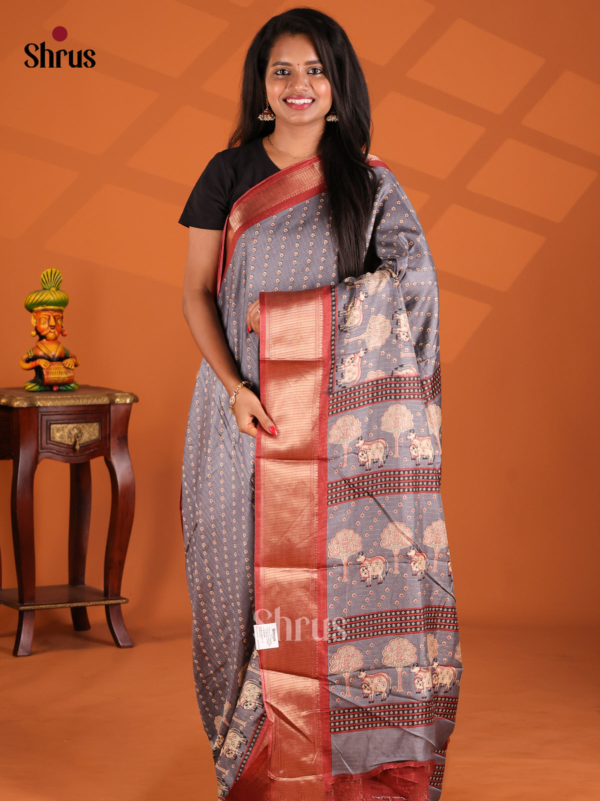 Grey & Red - Semi Crepe Saree - Shop on Shrus.com
