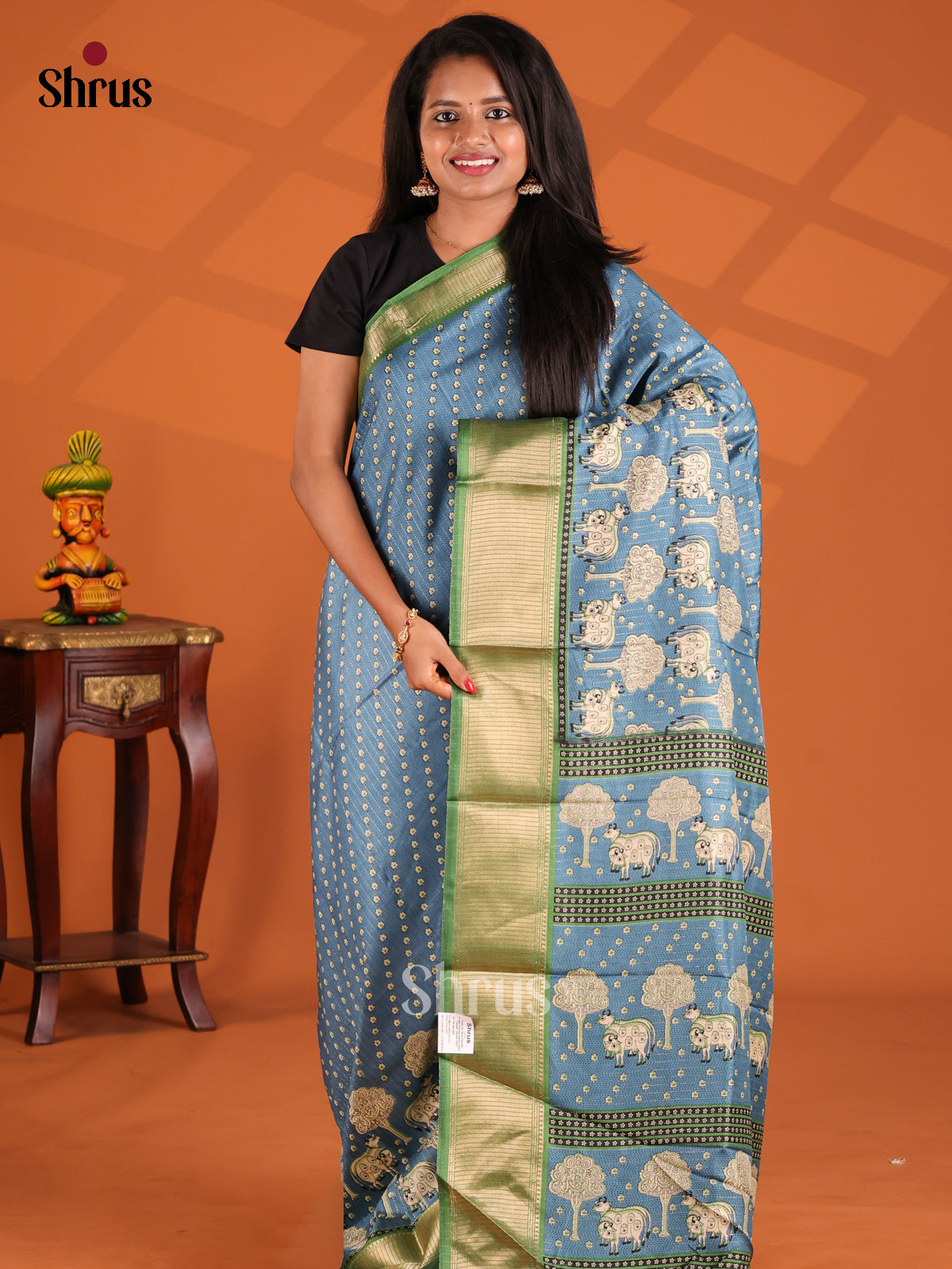 Blue & Green - Semi Crepe Saree