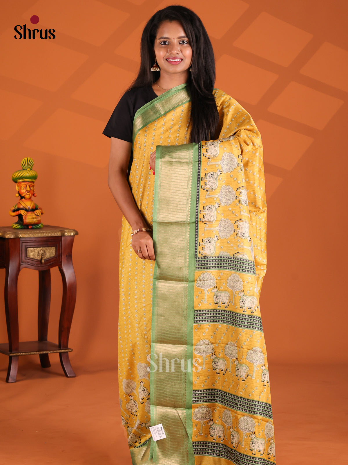 Yellow & Green - Semi Crepe Saree - Shop on Shrus.com