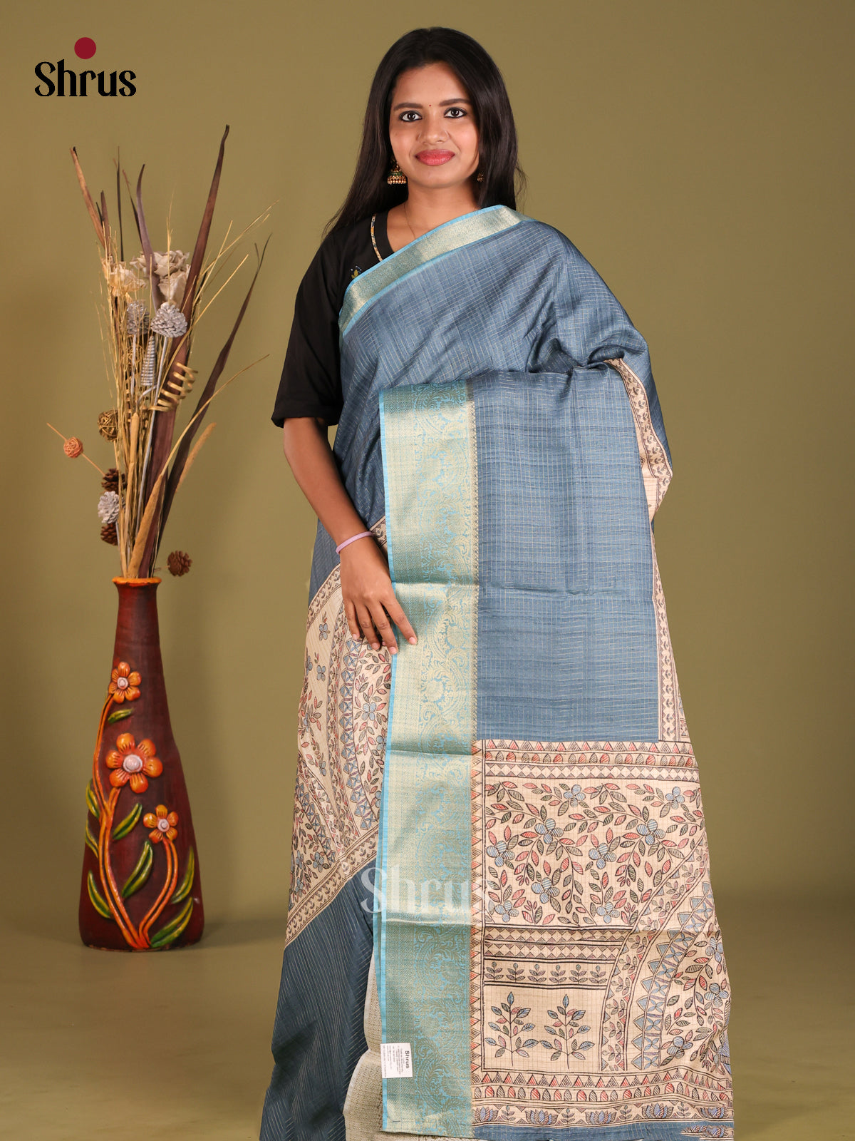 Grey & Cream - Semi Dola silk Saree - Shop on Shrus.com