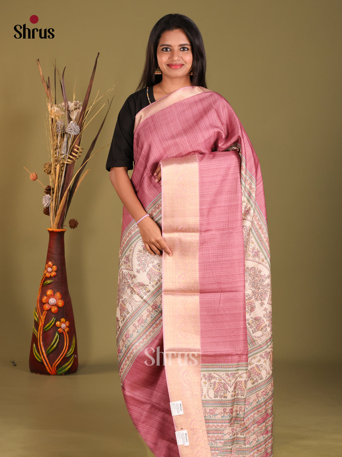Onion Pink & Cream - Semi Dola silk Saree - Shop on Shrus.com