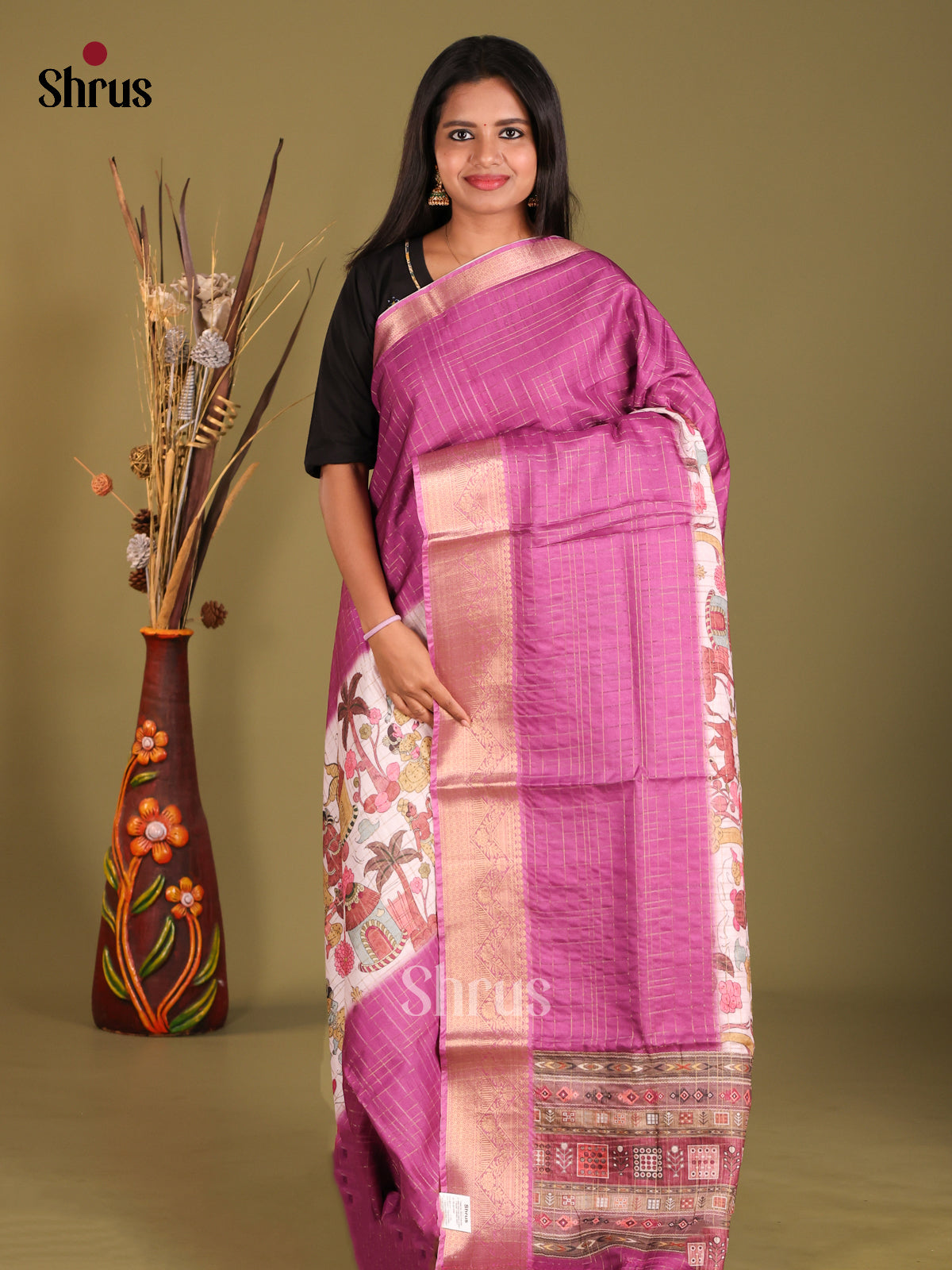 Pink & Cream - Semi Dola silk Saree - Shop on Shrus.com