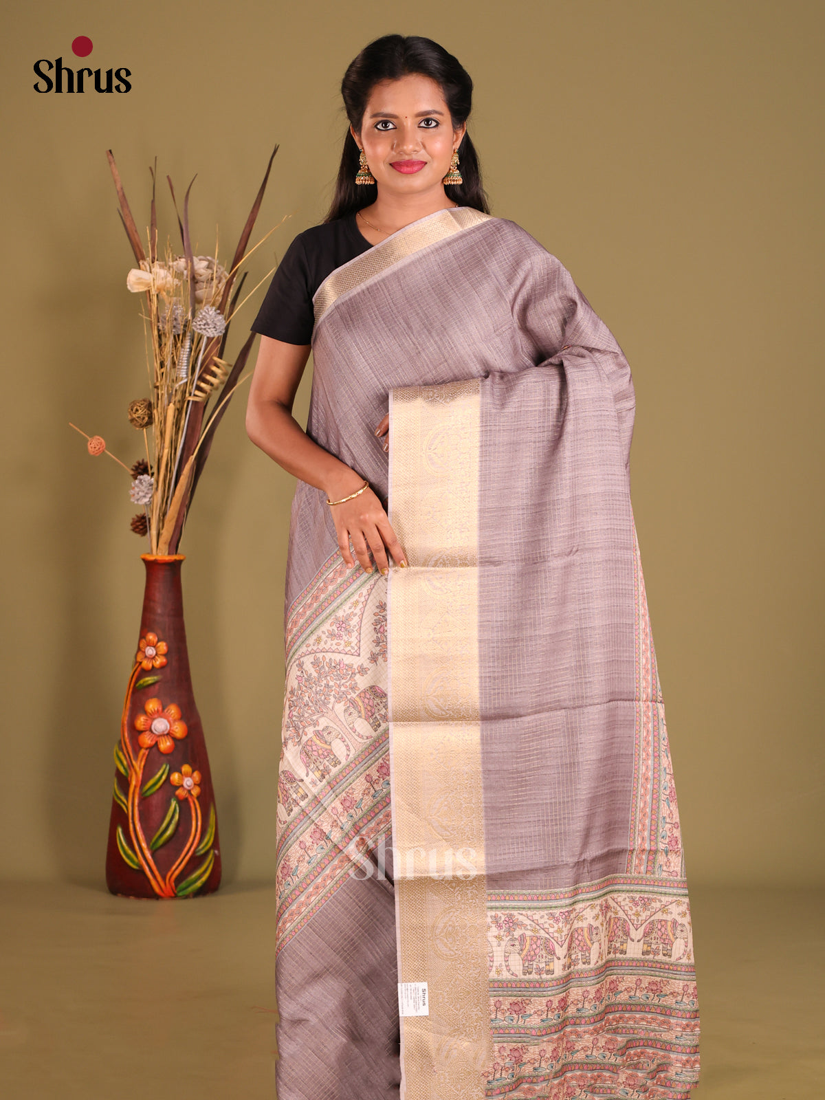 Grey & Cream - Semi Dola silk Saree - Shop on Shrus.com