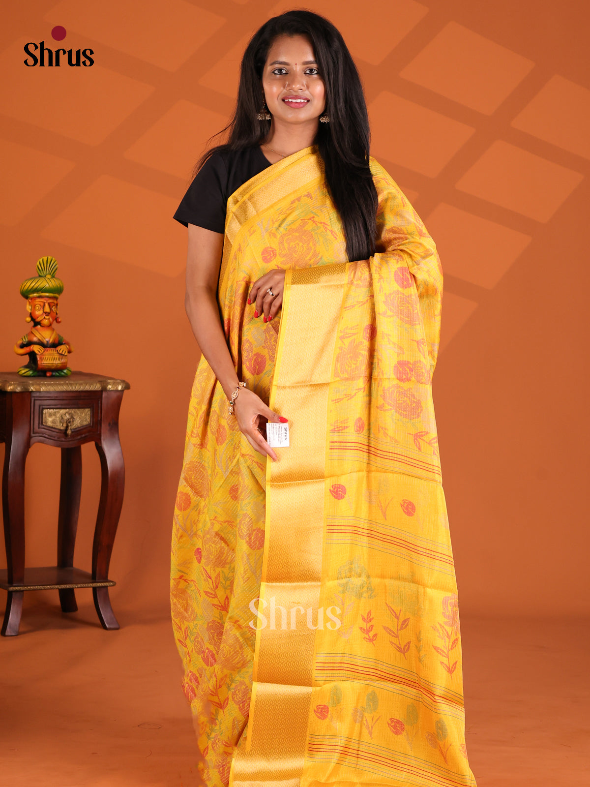 Yellow- Semi Crepe Saree - Shop on Shrus.com