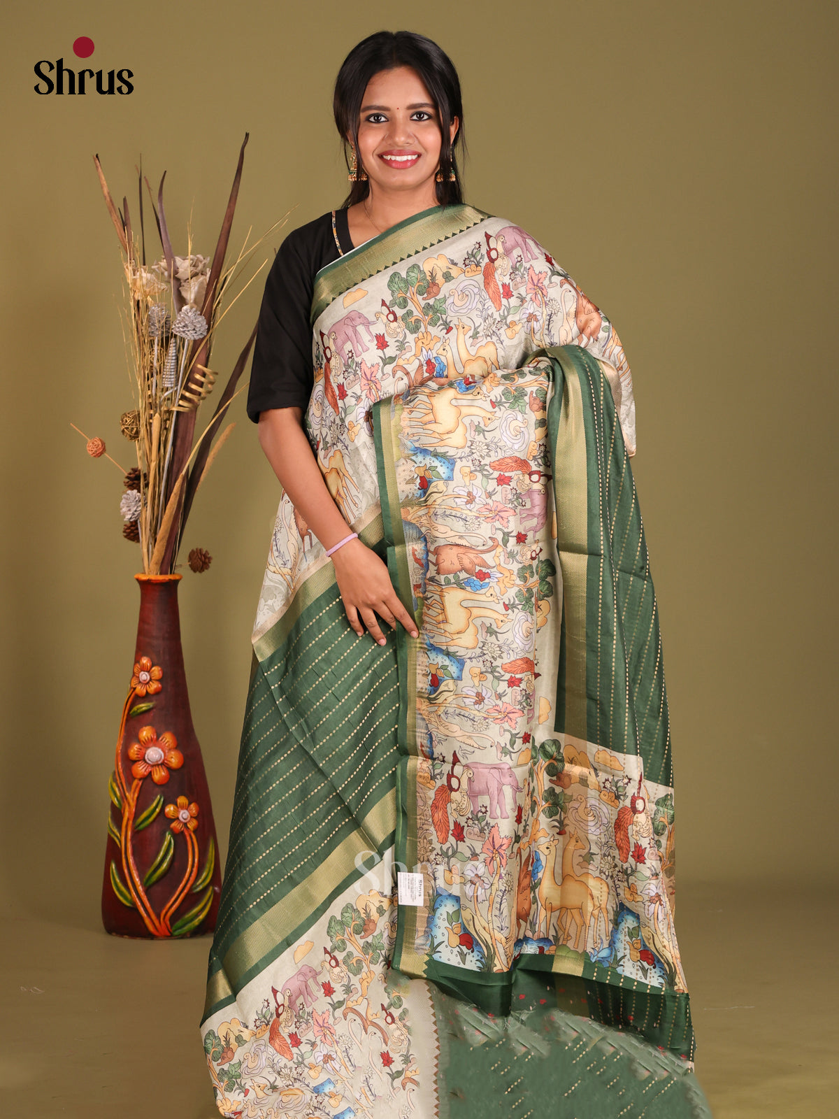 Green & Cream- Semi Dola silk Saree - Shop on Shrus.com