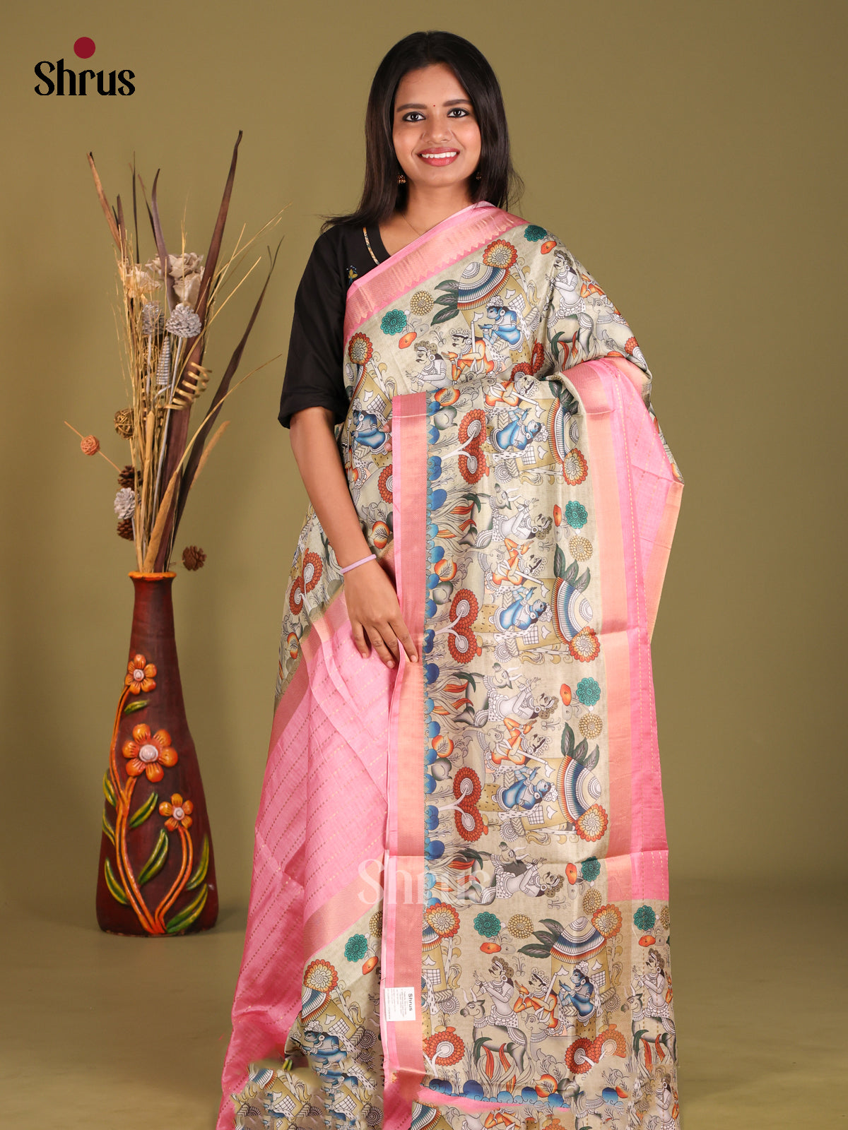 Pink & Grey - Semi Dola silk Saree - Shop on Shrus.com
