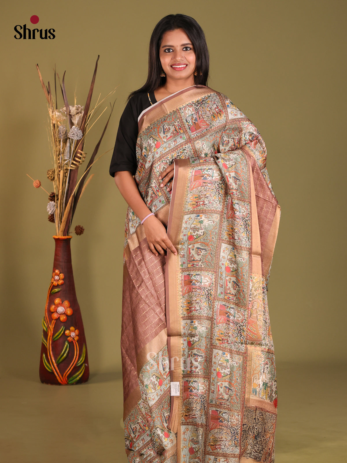 Brown  Grey- Semi Dola silk Saree