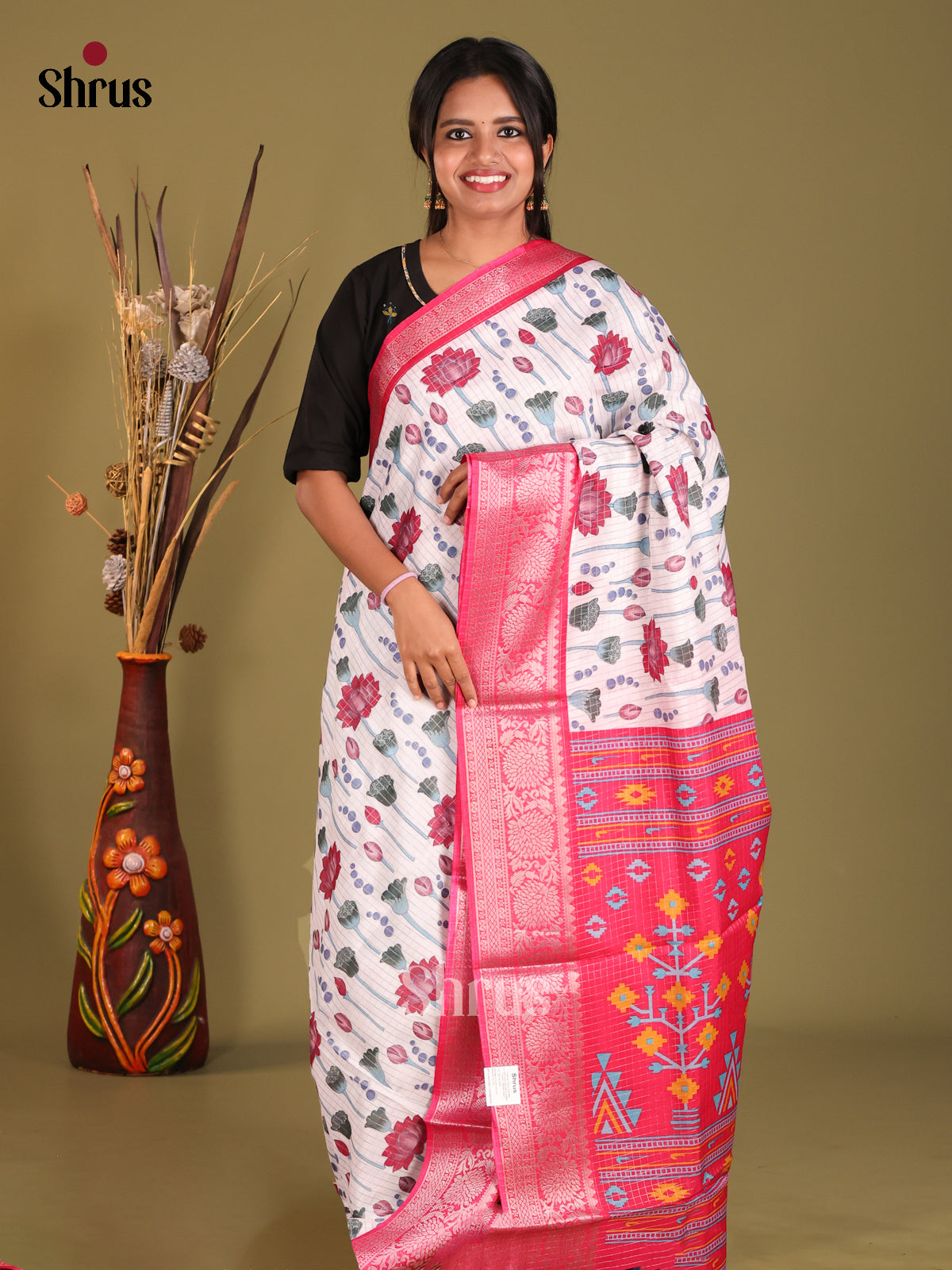 Cream & Pink - Semi Dola silk Saree