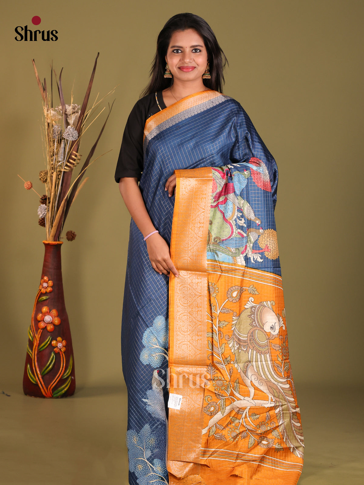 Blue & Mustard - Semi Dola silk Saree
