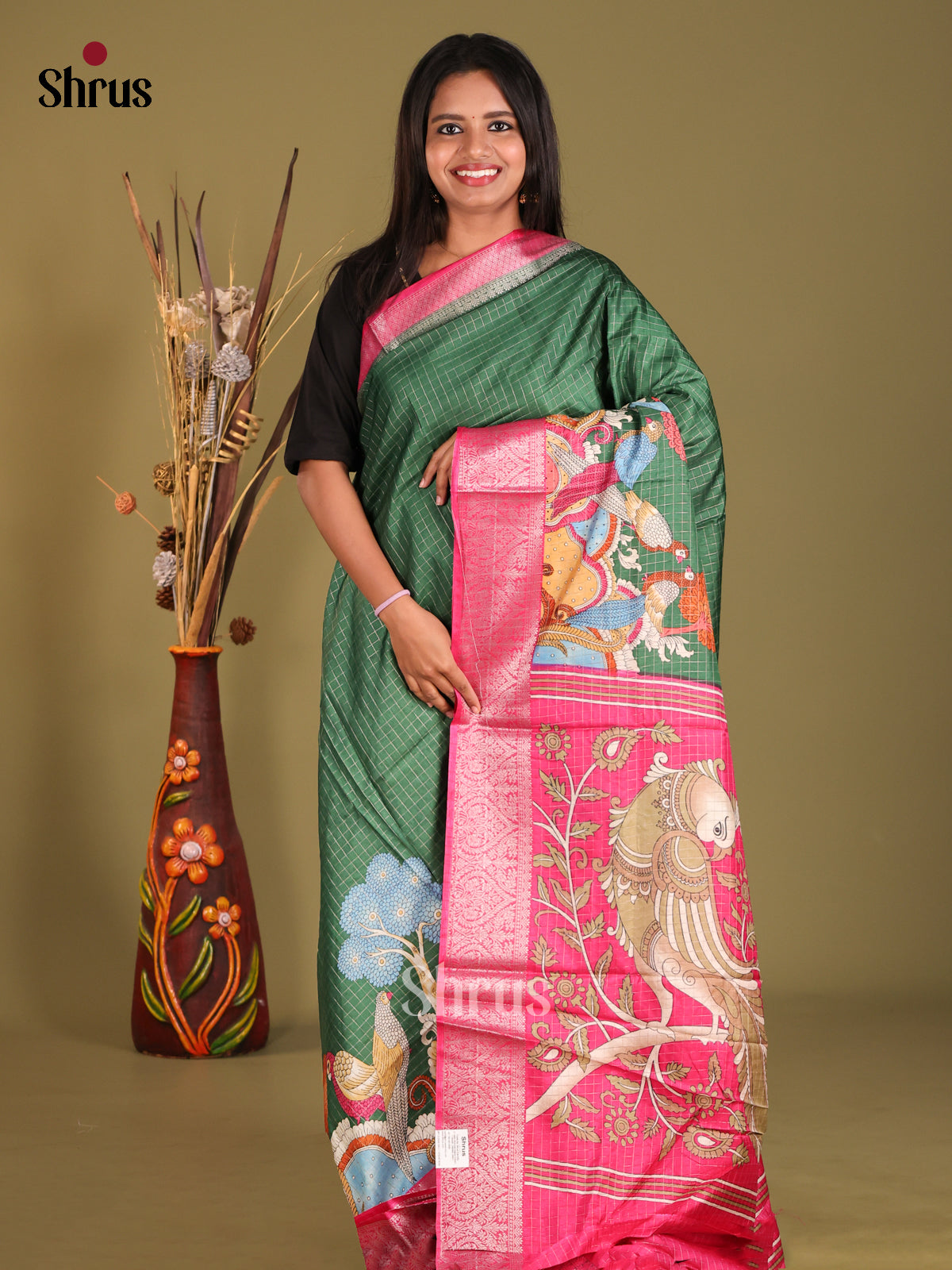 Green & Pink - Semi Dola silk Saree